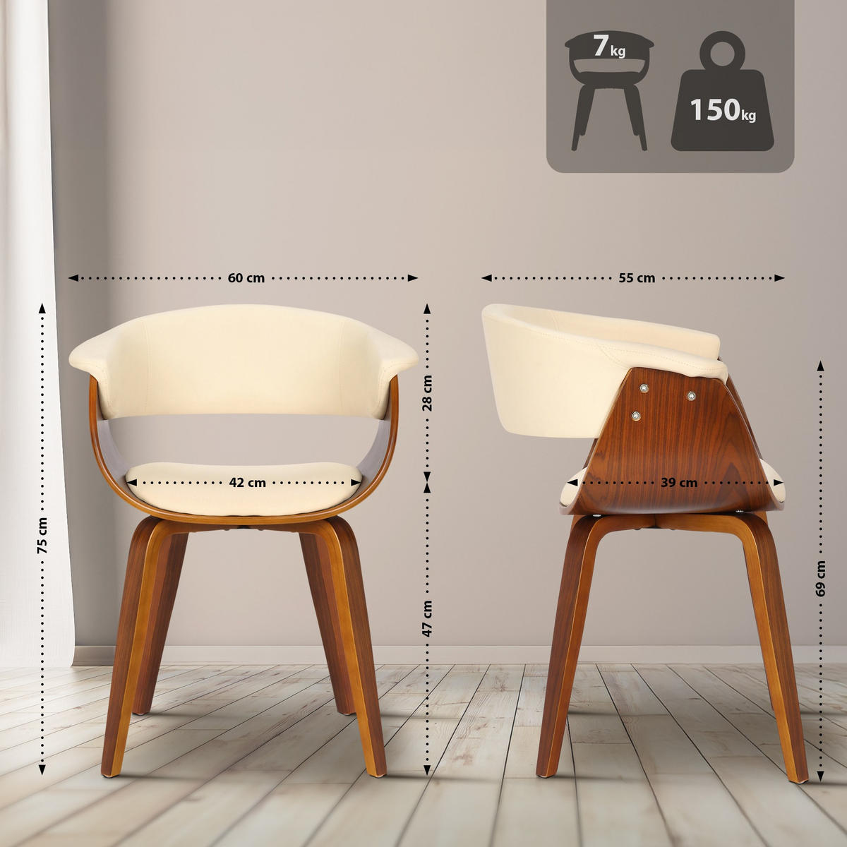 STUHL Lederlook Creme - Walnussfarben/Creme, Holz/Textil (60/75/55cm) - CLP
