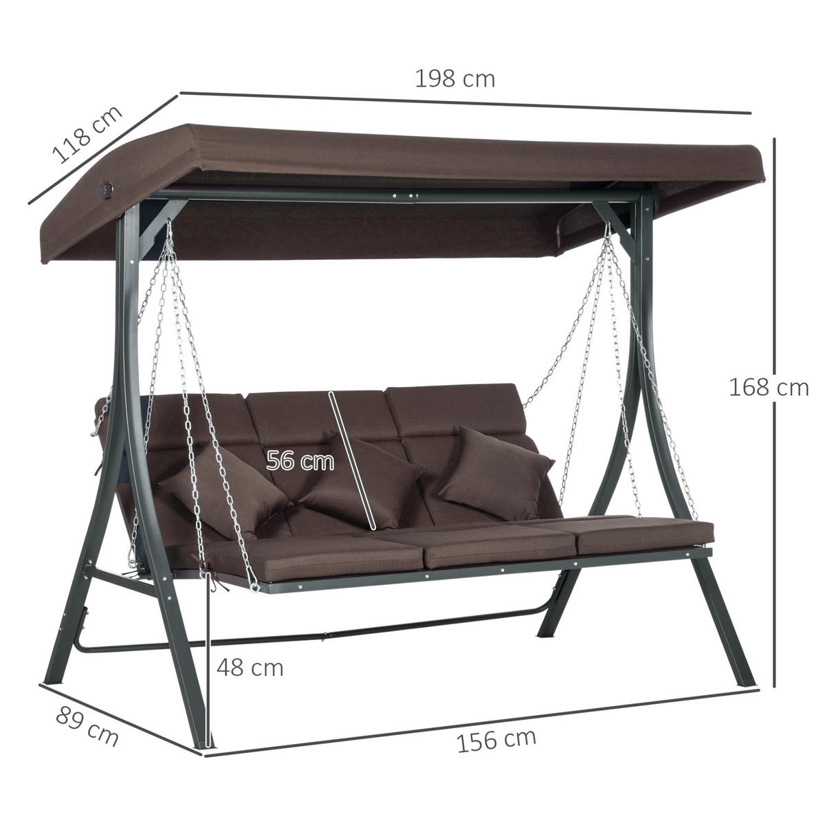 HOLLYWOODSCHAUKEL 3-Sitzer mit verstellbarem Sonnendach, Kissen und stabilem Metallgestell, Braun - Braun, Metall (118/168/198cm) - Redom