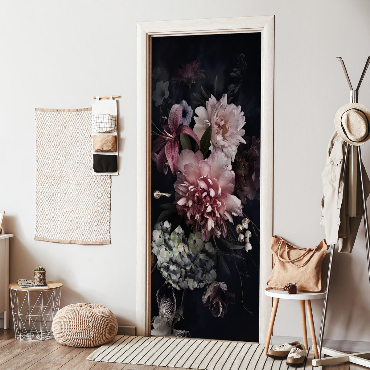 NÁLEPKA NA DVERE Kvety - Vintage - pastelové - ružové - biele 90x235 cm - staroružová, plast (90/0.1cm) - MuchoWow