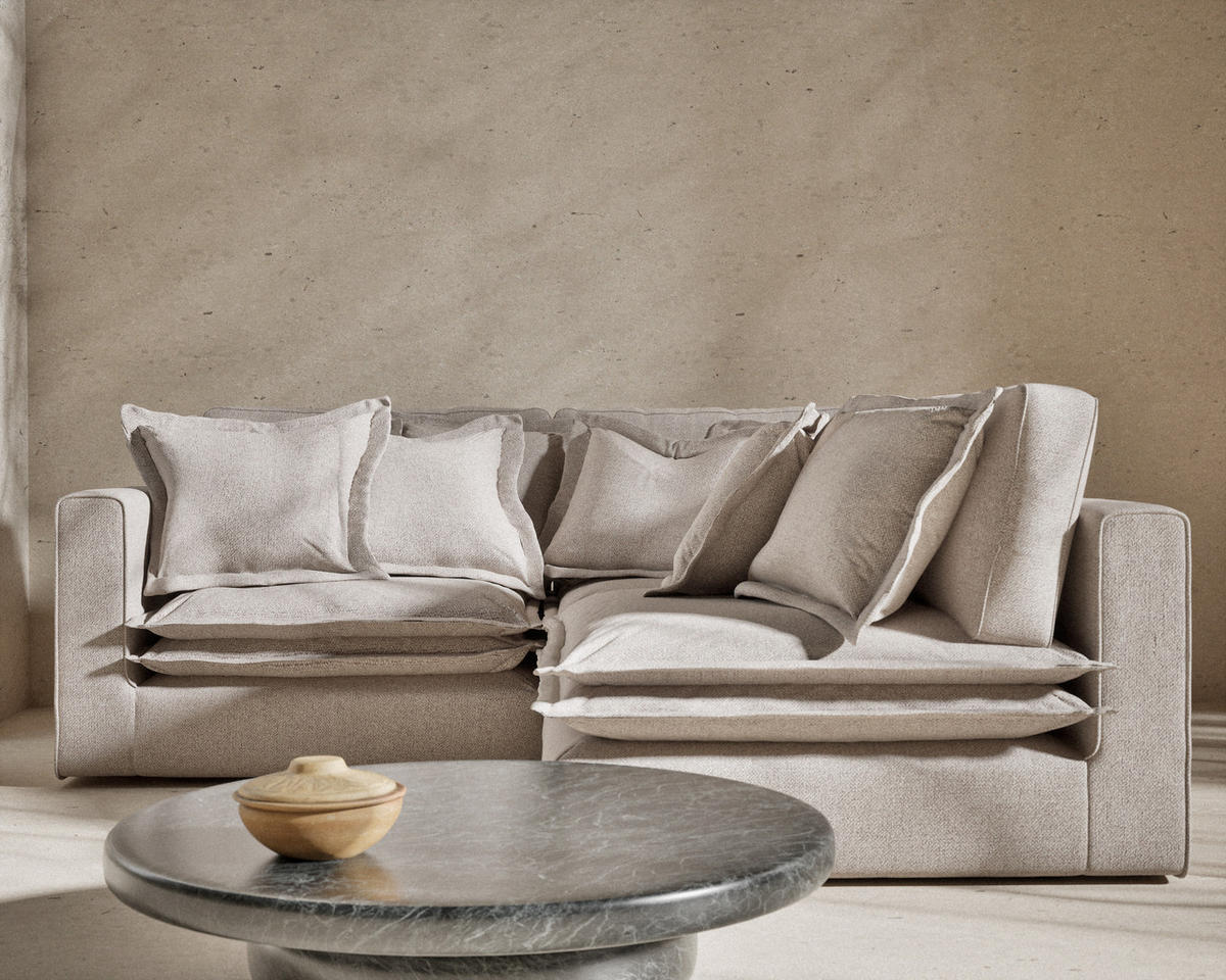 ECKSOFA Amalfi Beige Webstoff - Beige/Schwarz, Holz/Holzwerkstoff (238/222cm) - Maison de Reve