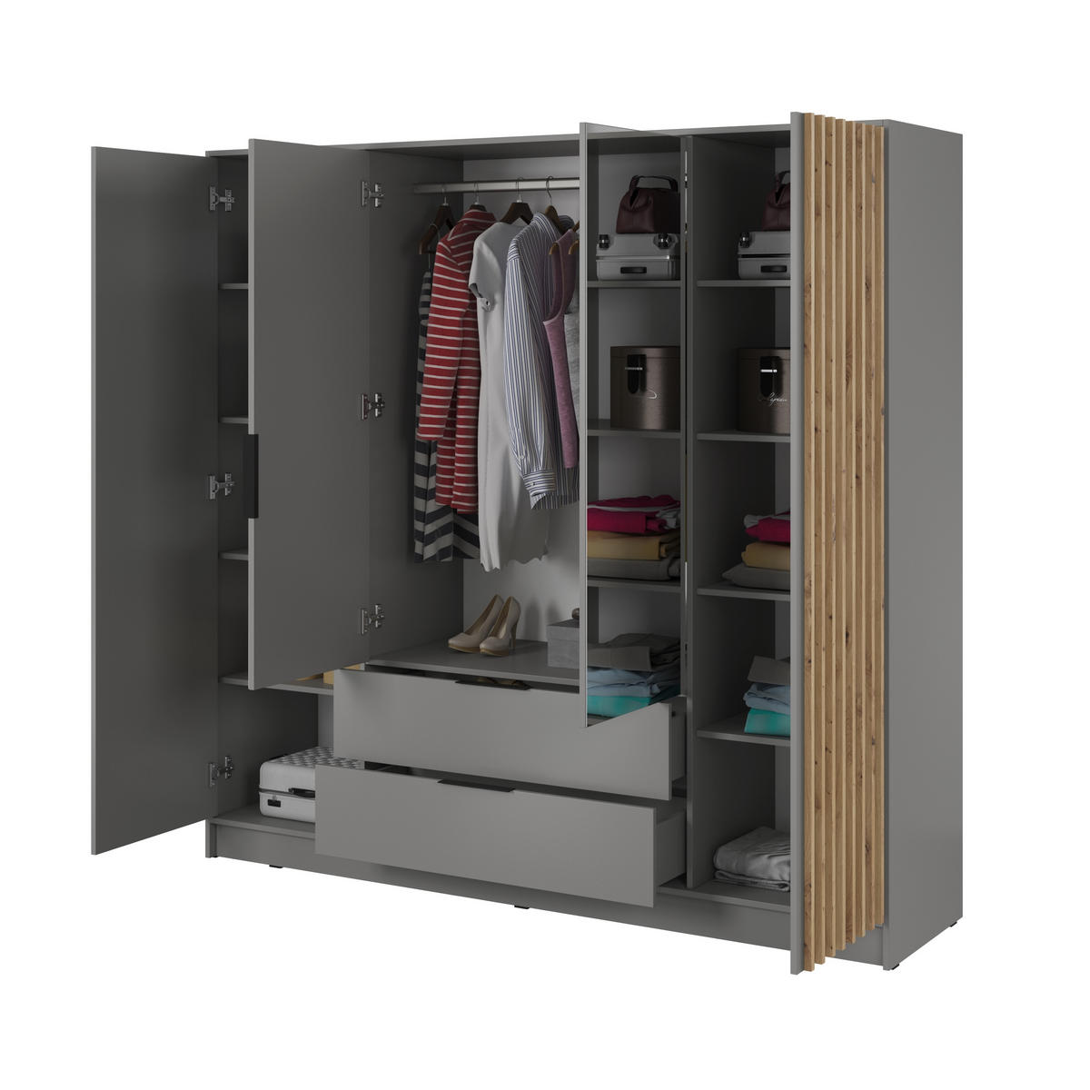 ŠATNÍ SKŘÍŇ S OTOČNÝMI DVEŘMI NELIANA, 206/200/51 cm 4dveřová se zrcadlem, šedá - šedá, kompozitní dřevo (206/200/51cm) - MASSENO