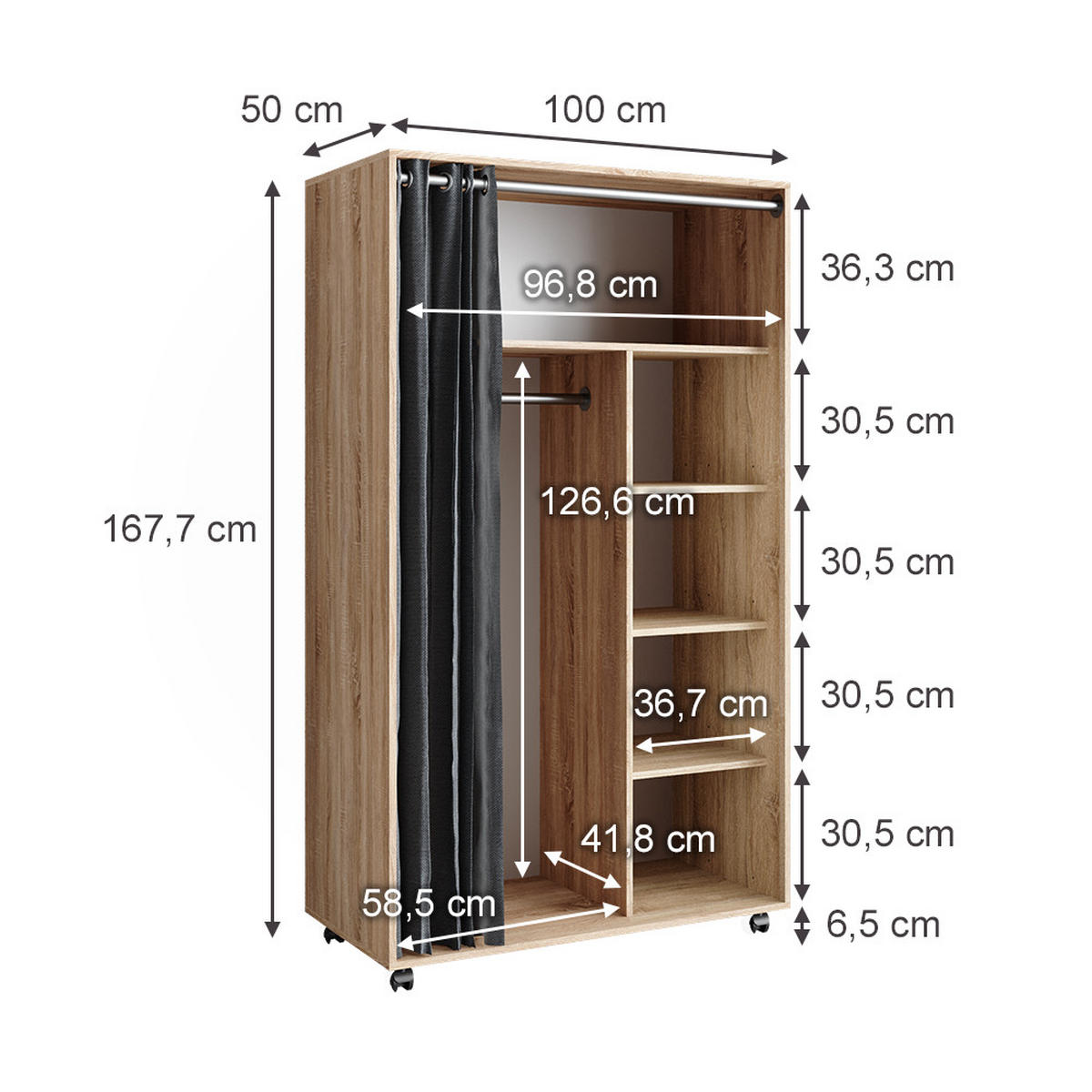 KLEIDERSCHRANK Doros Sonoma 100 x 168 cm offen, mit Rollen - Sonoma Eiche, Holzwerkstoff (100/168/50cm) - Vicco