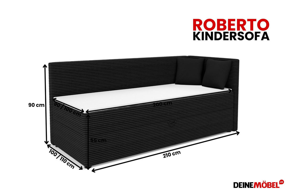 BOXBETT ROBERTO 100/200 in Cord Schwarz H4 links - Schwarz, Holz/Holzwerkstoff (100/200cm) - Deine Möbel 24
