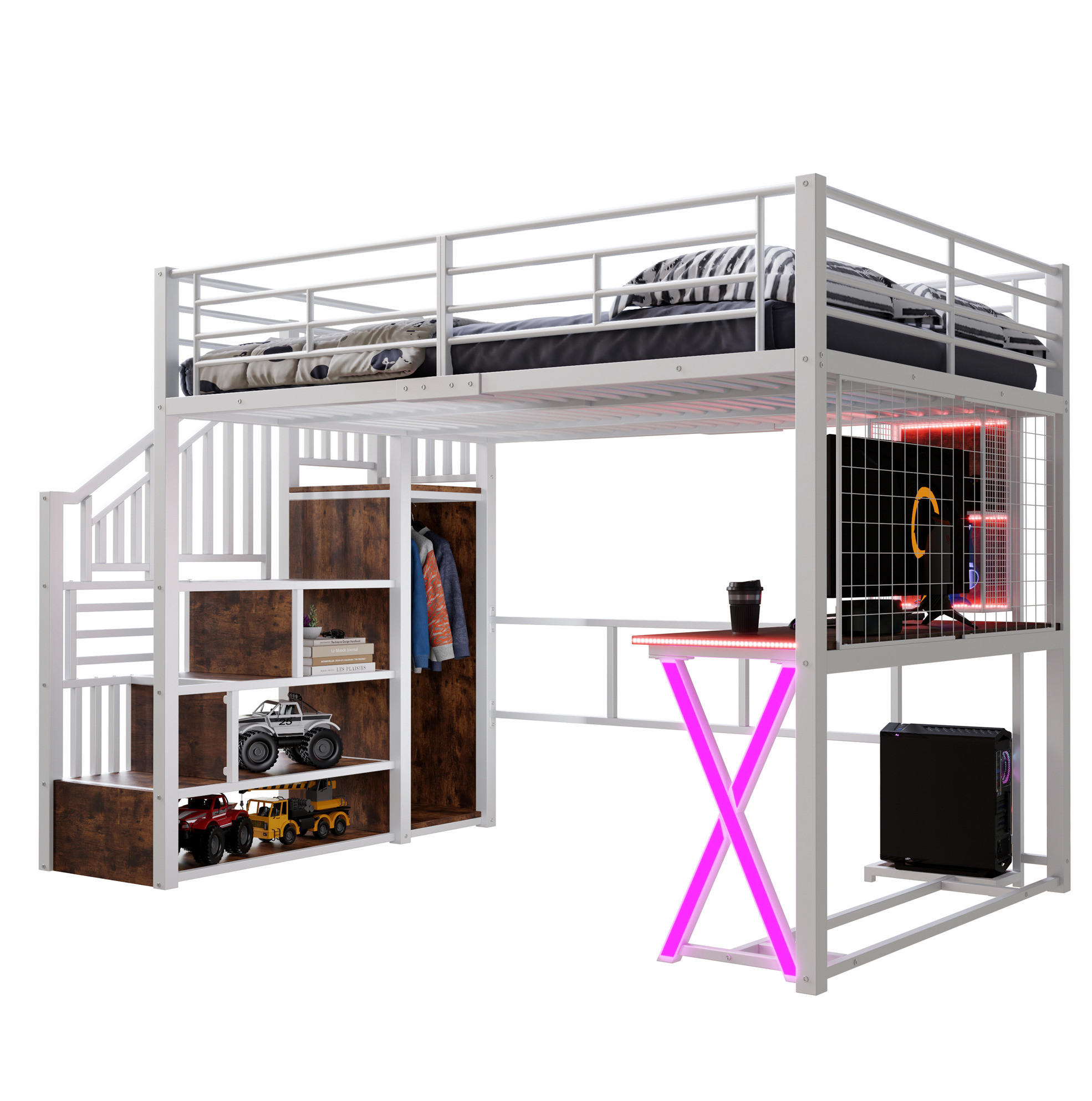 HOCHBETT 140/200 cm Weiß aus Metall/MDF mit Schreibtisch und Kleiderschrank - Weiß, Metall (140/200cm) - OKMYHOME