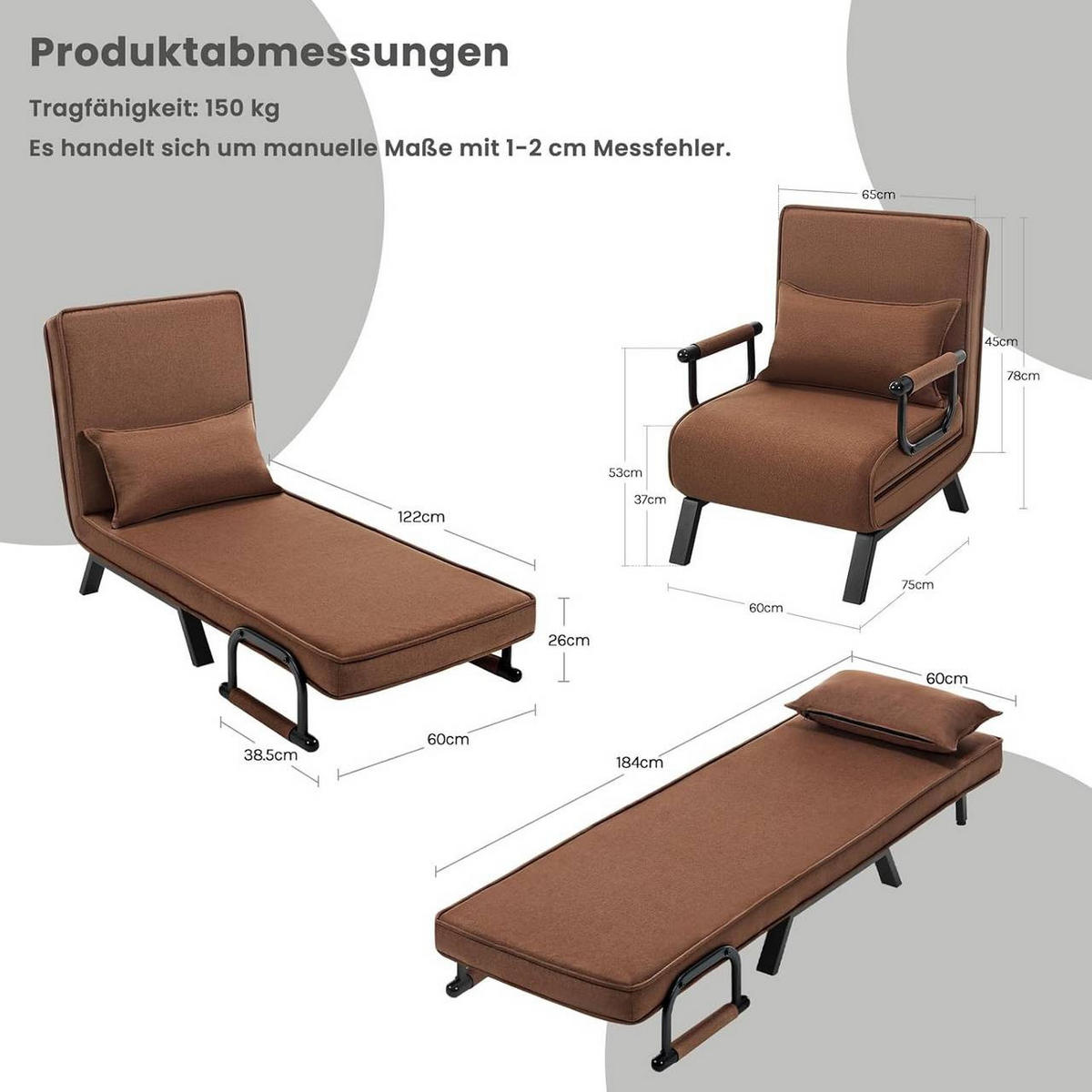 SCHLAFSESSEL 3 in 1, mit Verstellbarer Rückenlehne, Leinen Braun - Schwarz/Braun, Textil/Metall (65/78/75cm) - Woltu