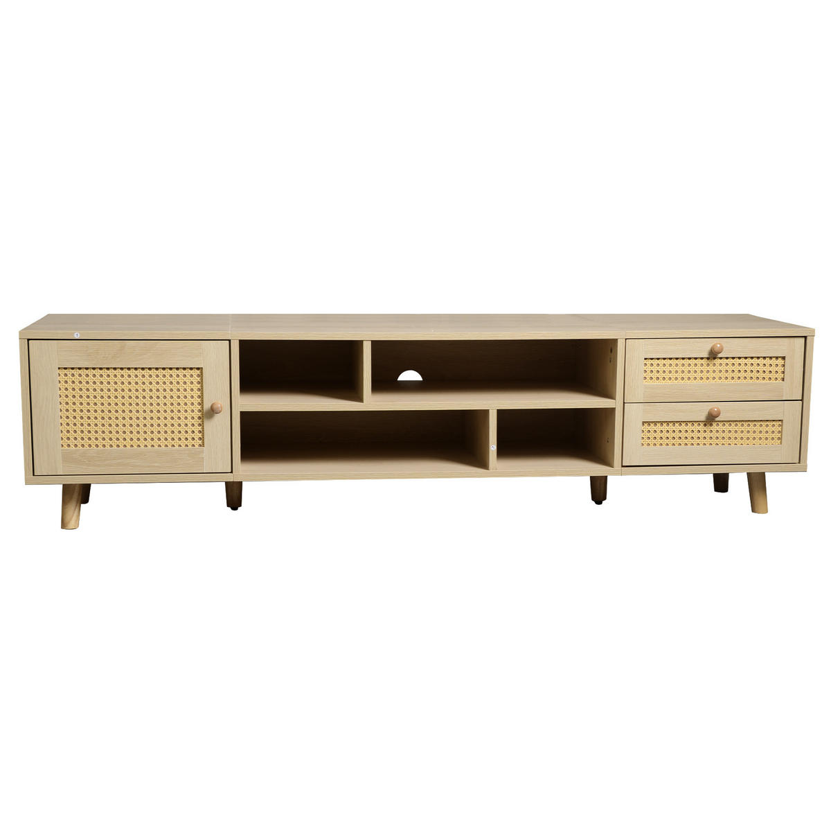 TV-SCHRANK aus Spanplatte und Rattan 160x39x40,5 cm Eichefarben mit Kabelmanagement, 2 Schubladen und höhenverstellbaren Füßen - Naturfarben, Holzwerkstoff (160/40/39cm) - Modfu