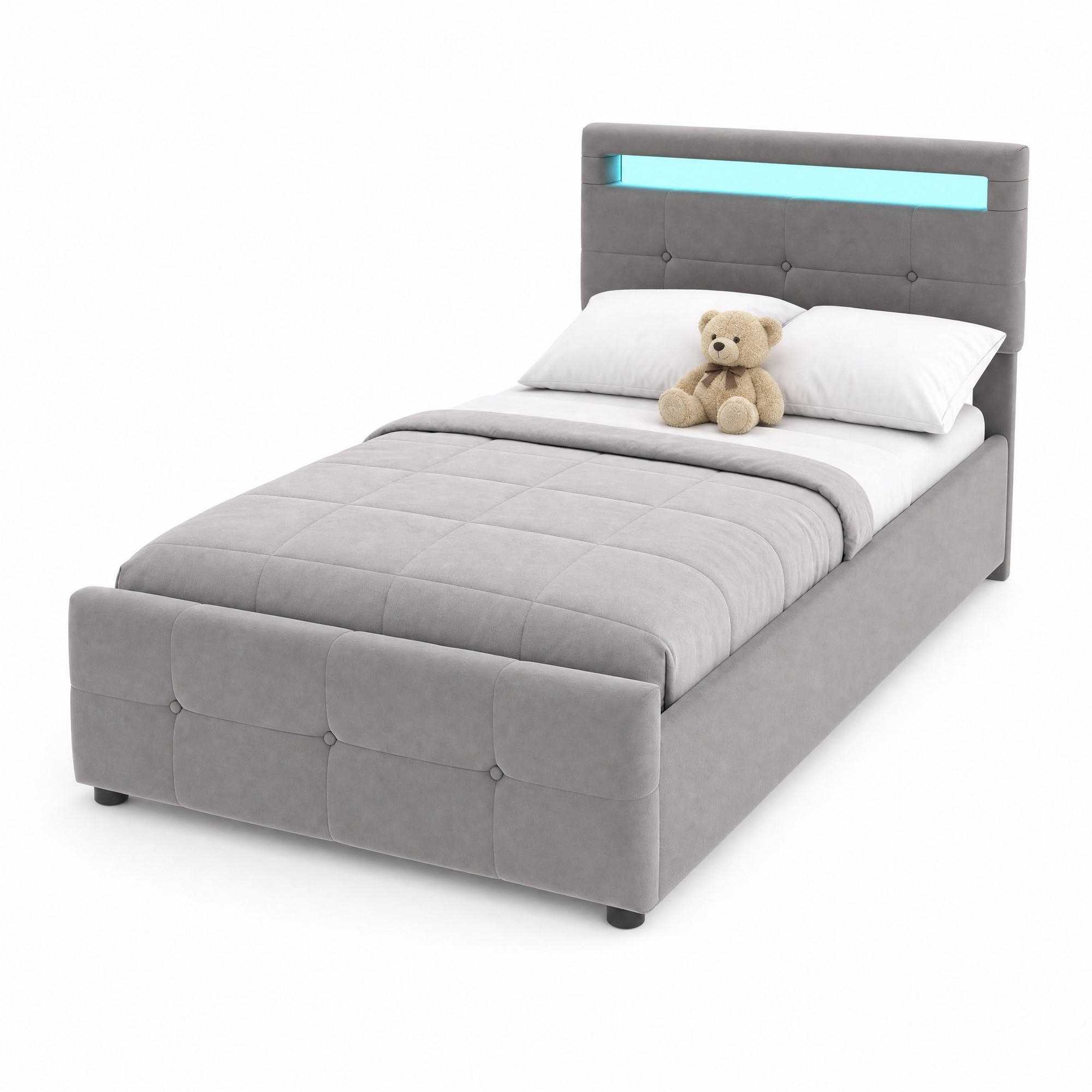 KINDERBETT 90/200 mit LED, Bettkasten, höhenverstellbarem Kopfteil und Lattenrost in Grau - Grau, Holzwerkstoff/Textil (90/200cm) - EVRYAE