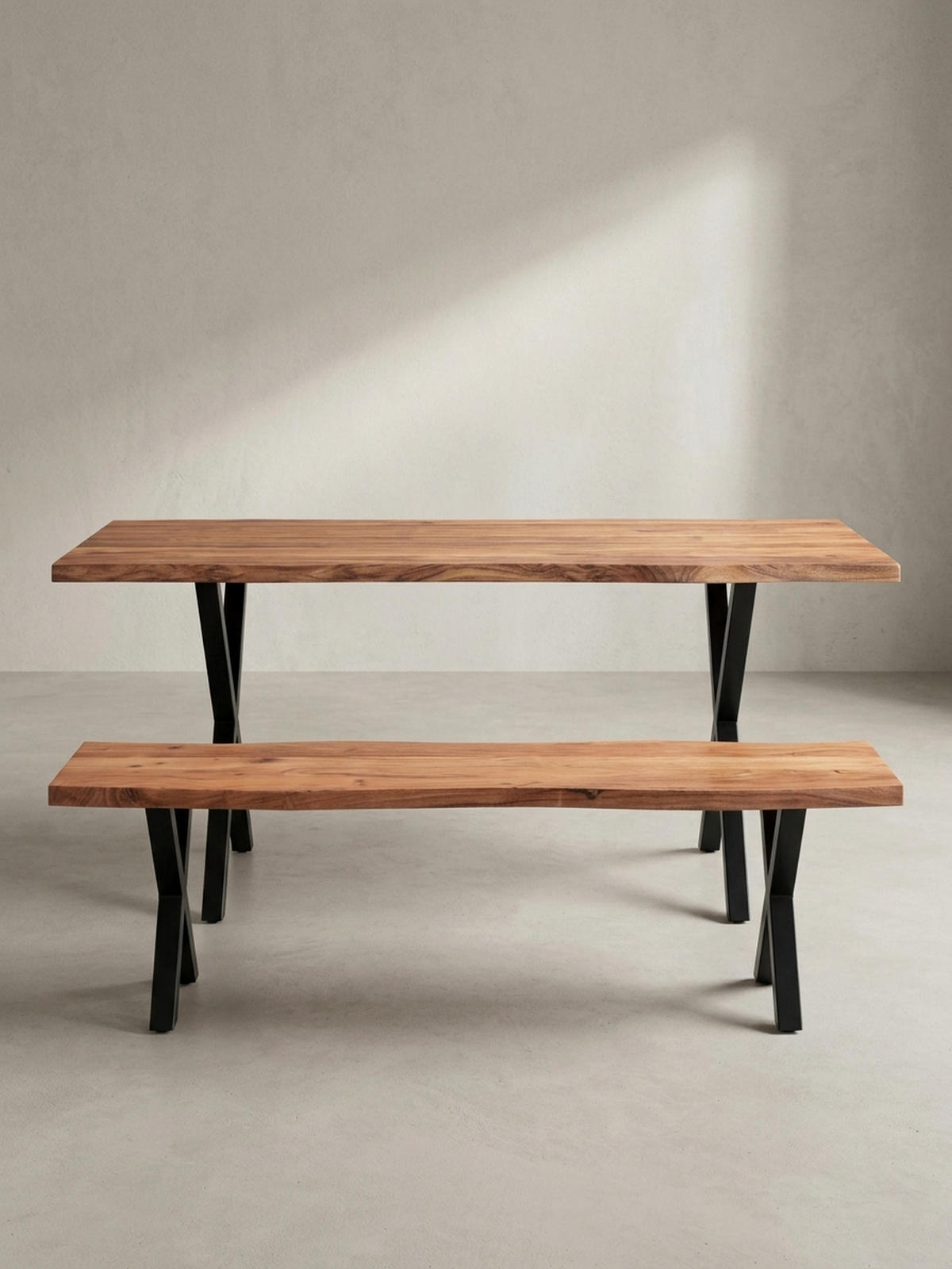 ESSTISCH Massivholz Metall X-Gestell Baumkante Industrial KRETA, Goldbraun-Schwarz 160x80x76 cm - Schwarz/Braun, Holz/Metall (80/160/76cm) - KADIMA DESIGN