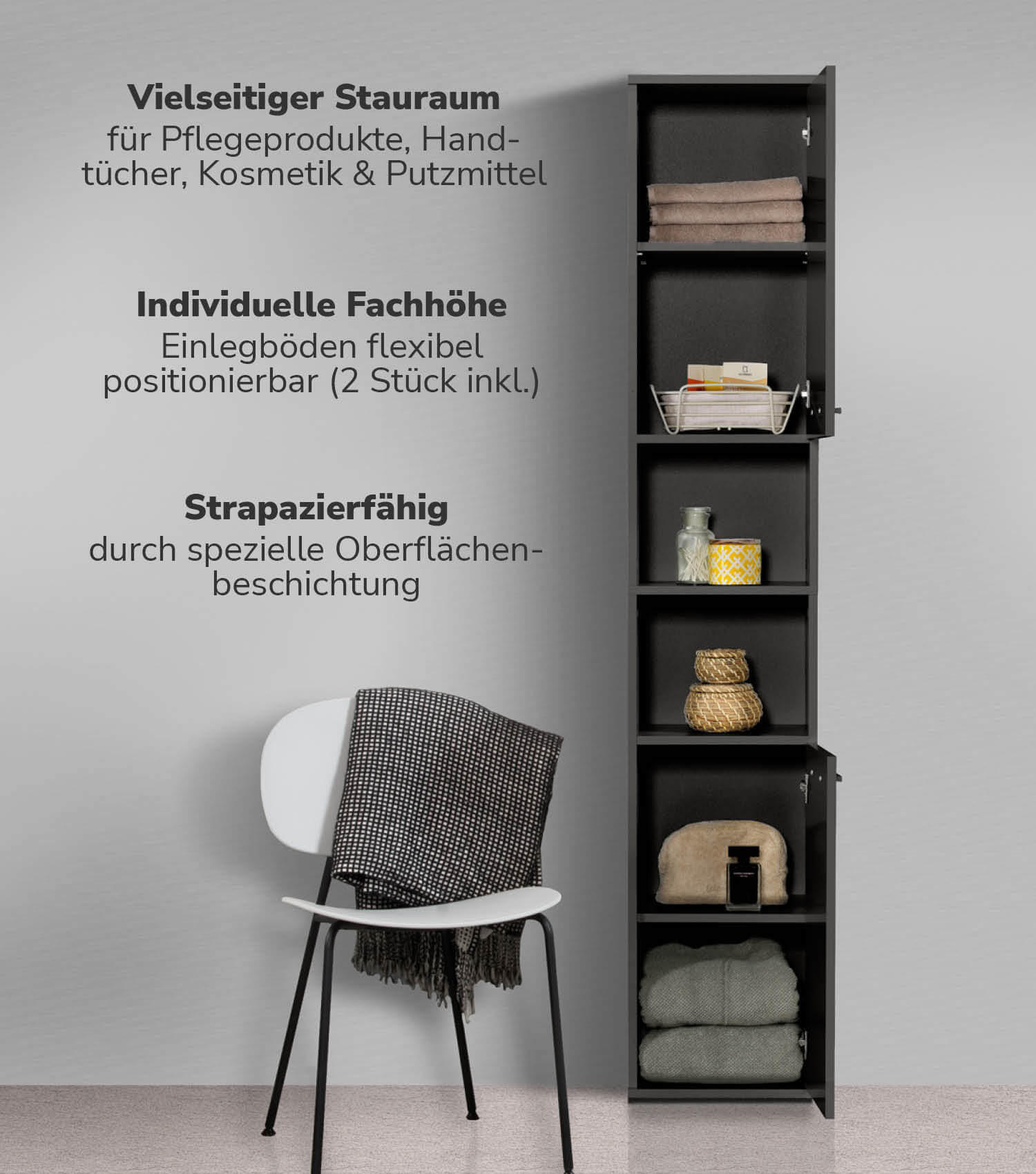 BAD HOCHSCHRANK Der Kapitän - Schwarz, Holzwerkstoff (33/180/34cm) - Mokebo