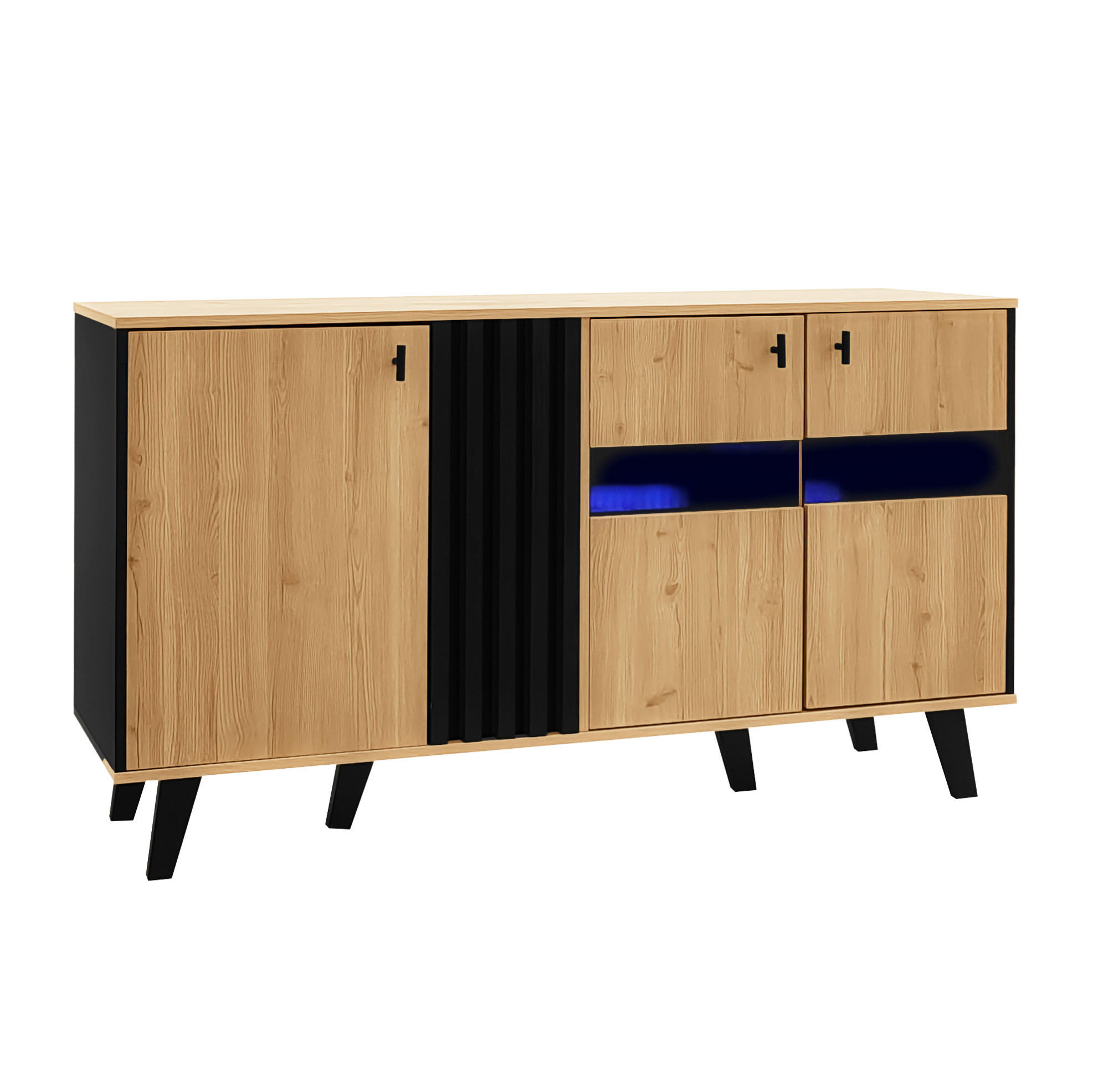 Modfu KOMODA z dřevotřísky a skla 140x78,5x41 cm přírodní a černá se 3 dvířky, policemi a LED osvětlením