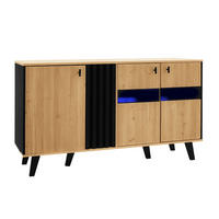 KOMODA z dřevotřísky a skla 140x78,5x41 cm přírodní a černá se 3 dvířky, policemi a LED osvětlením - přírodní, kompozitní dřevo (140/41/78.5cm) - Modfu