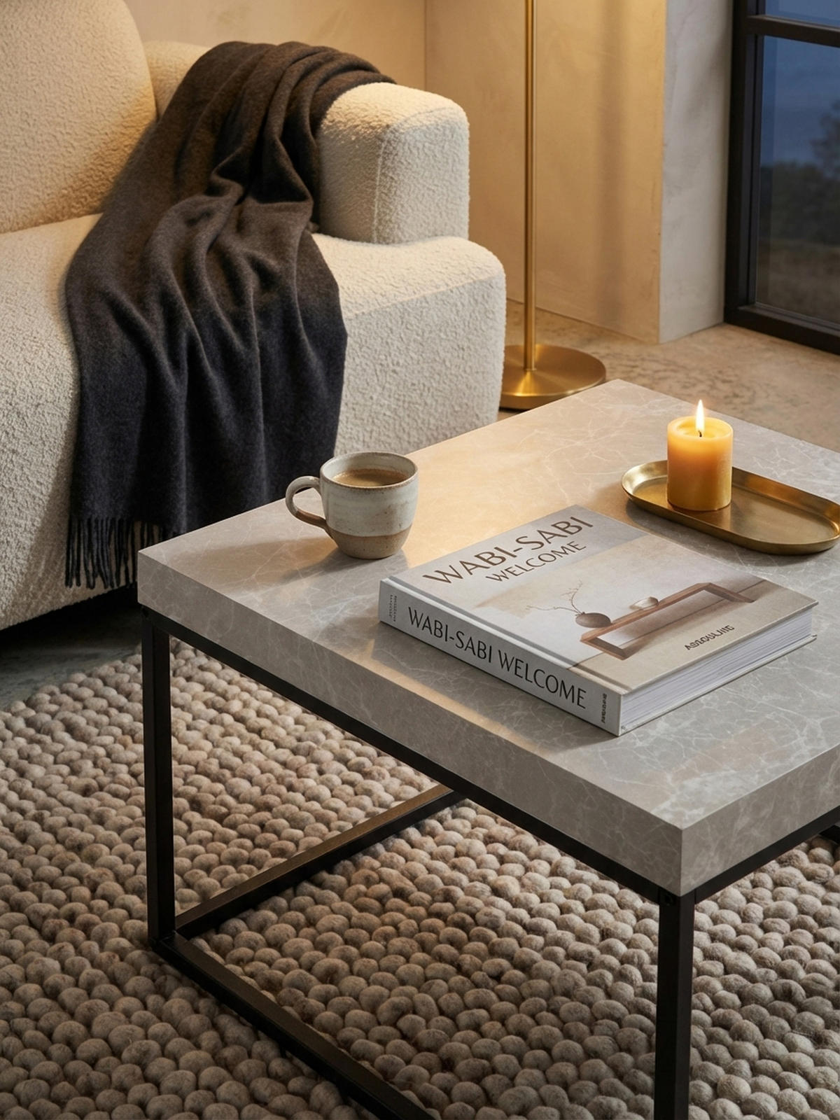 COUCHTISCH in Stein-Optik mit Metallbeinen im modernen Design, Beige 60x60x38 cm - Beige/Schwarz, Holzwerkstoff/Metall (60/60/38cm) - KADIMA DESIGN