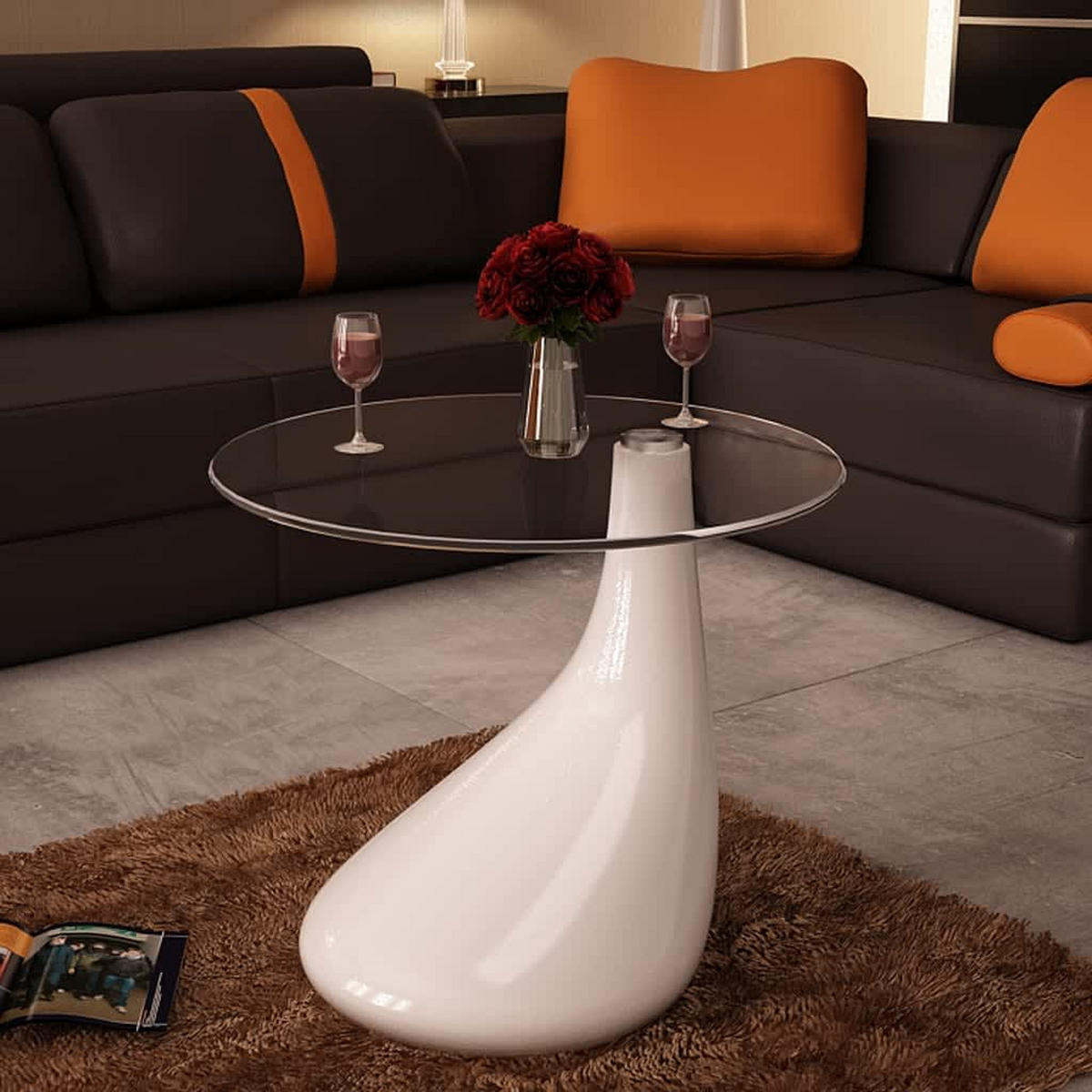 COUCHTISCH mit Runder Glasplatte Hochglanz Weiß - Weiß, Kunststoff (42/42/55cm) - furnicato