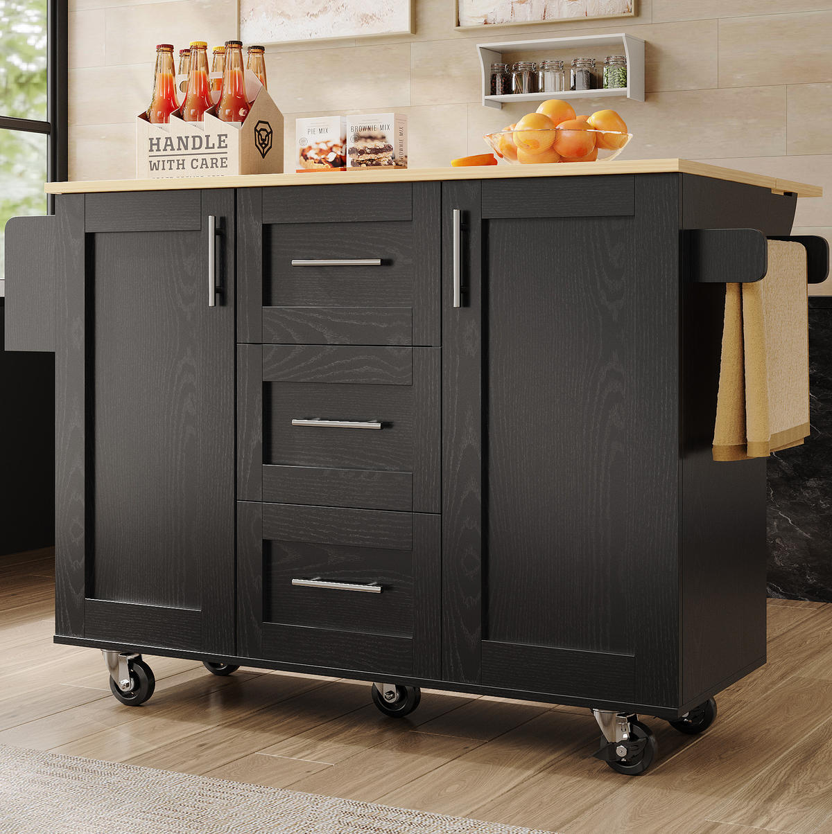 KÜCHENWAGEN 135x74x87.2cm Schwarz mit Klappseiten, 3 Schubladen, Snackregal & 5 Rollen - Schwarz, Holzwerkstoff (135/87.2/74cm) - Modfu