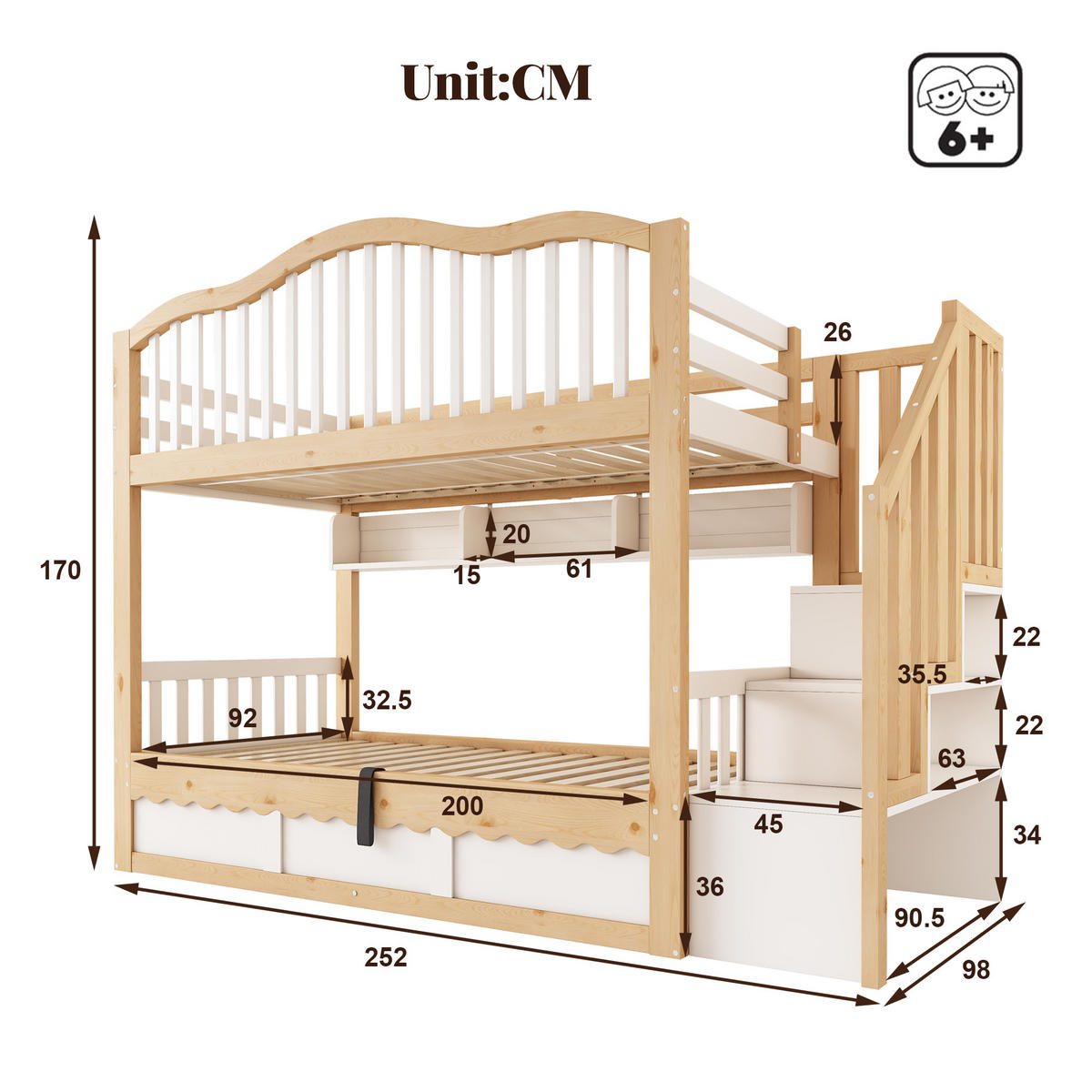 ETAGENBETT 90x200 cm Weiß Eiche mit Stauraum - Eichefarben/Weiß, Holz (90/200cm) - FLIEKS