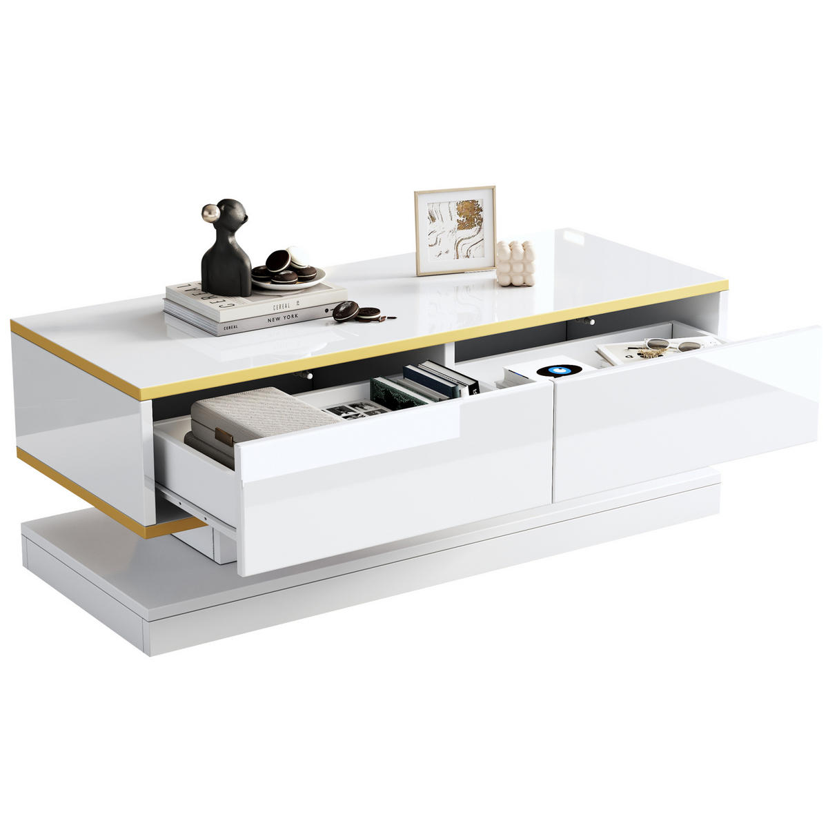 TV-SCHRANK- und Couchtisch-Set 200/40/40 & 100/50/38 cm warmweiß aus Spanplatte mit Schubladen - Weiß, Holzwerkstoff (200/40/40cm) - OKWISH