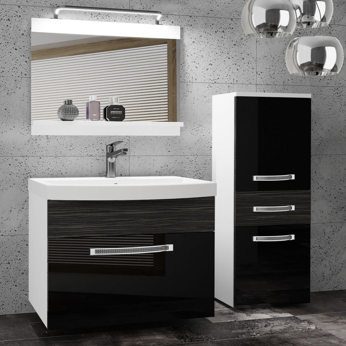 BADMÖBEL Badezimmer Schwarz / Ebenholz Royal, Glänzend und Matt - Schwarz Hochglanz, Holz (100/81/40cm) - B BELINI GROUP