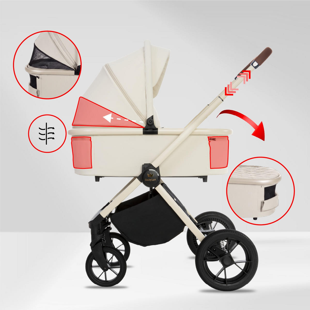 KINDERWAGEN Boldo 4in1 Olive Babywanne, Reisebuggy, Autositz, Isofix Basis - Schwarz/Weiß, Textil/Metall (58/98cm) - BabyLux