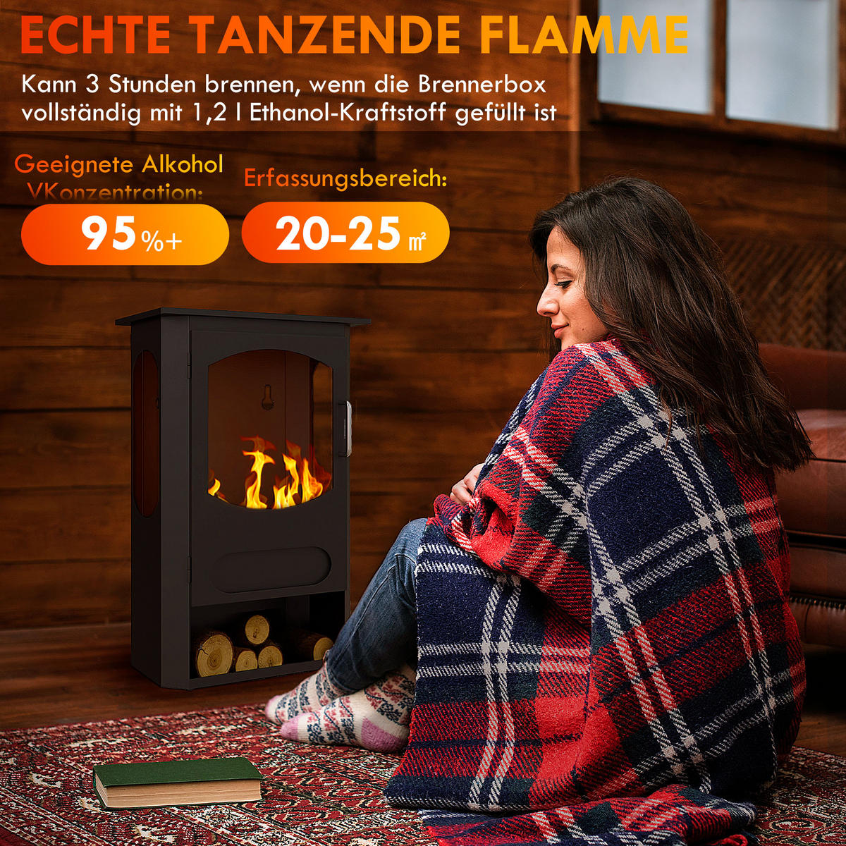 ETHANOL-KAMIN 7000 BTU Ethanol Ofen mit 3h Brenndauer, Flammenlöscher, Stahl - Schwarz, Metall (25/68/43cm) - HOMCOM