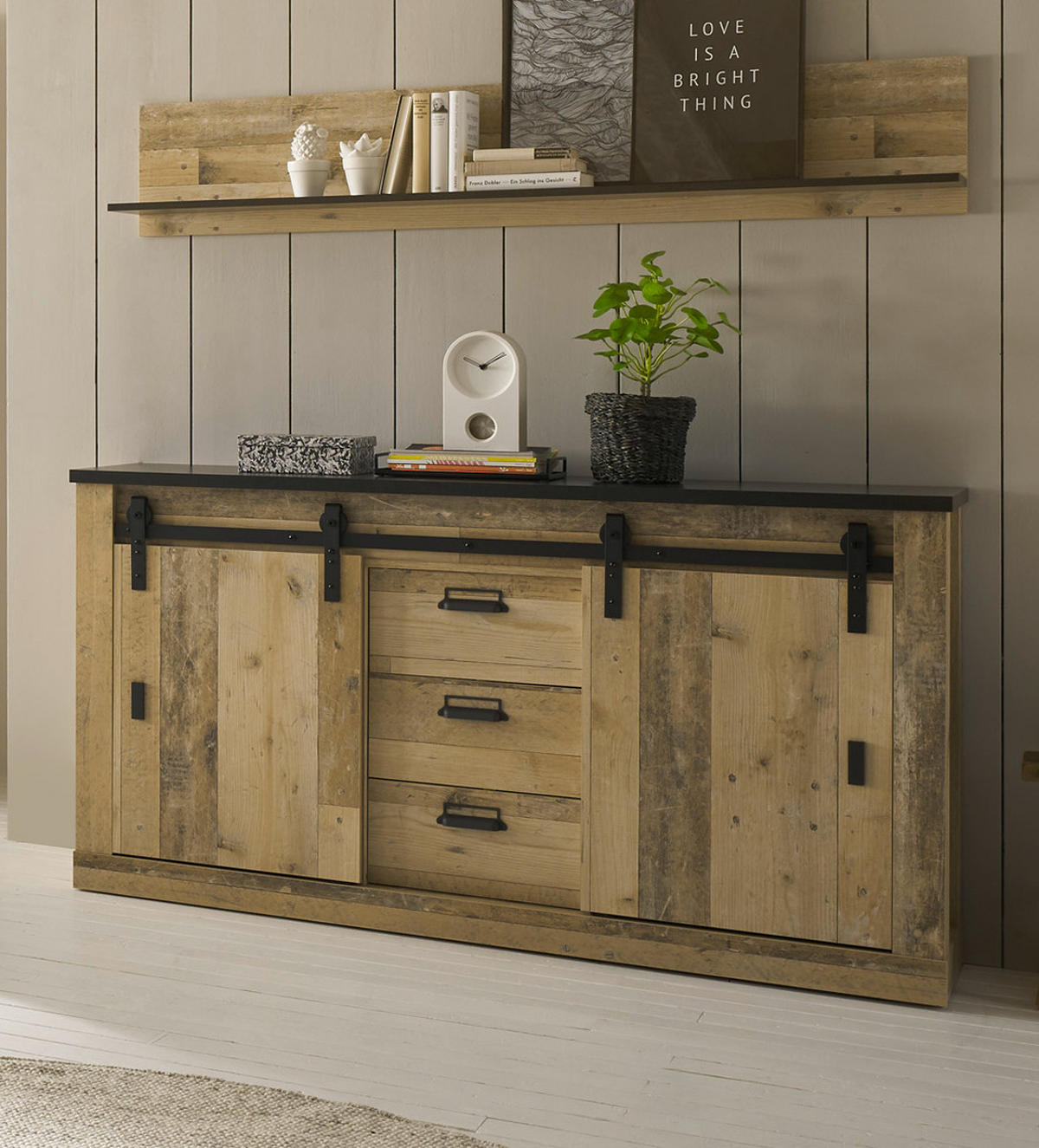 WANDBOARD Used Wood hell, Anthrazit, Wandregal 160 cm - Anthrazit, Holzwerkstoff (160/30/22cm) - Furn.Design