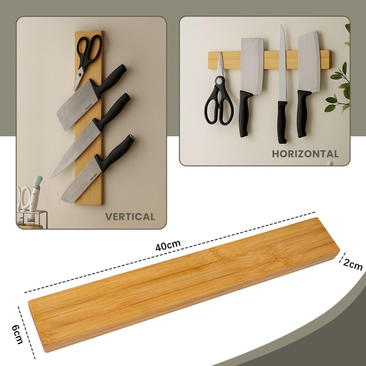 MESSERLEISTE aus Bambus 40cm breit inkl. 3 Haken - Beige, Holz (40/6.2/1.5cm) - CHEFGASTRO