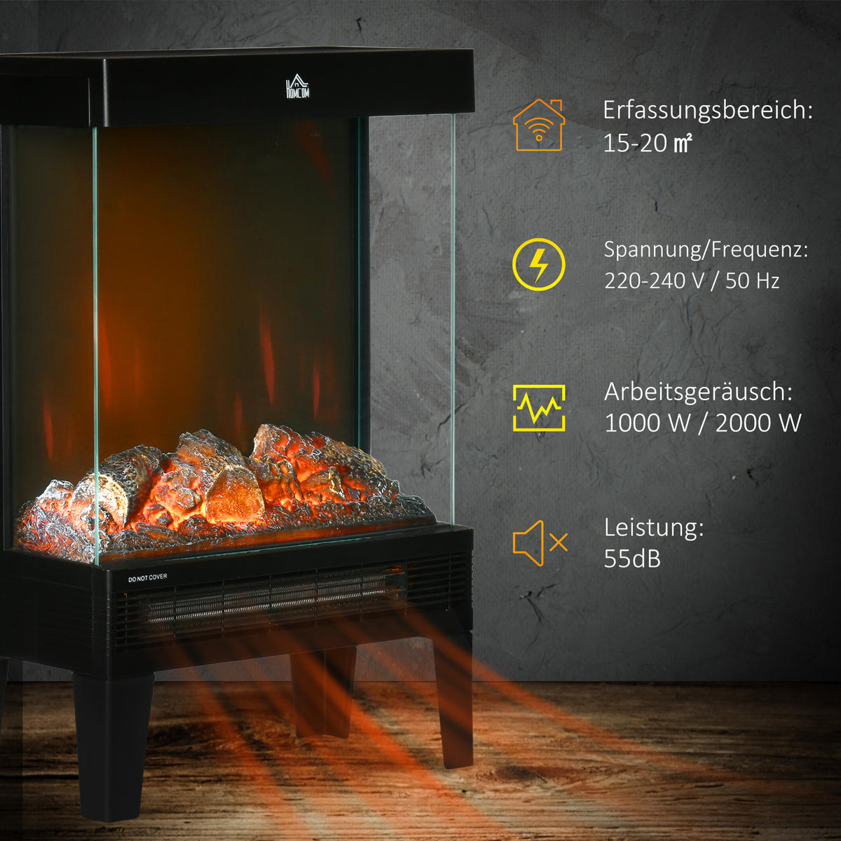 ELEKTROKAMIN 1000 W/2000 W Standkamin LED 3D-Flammeneffekt 4 Helligkeitsstufen - Schwarz, Metall (20/62/40.5cm) - HOMCOM