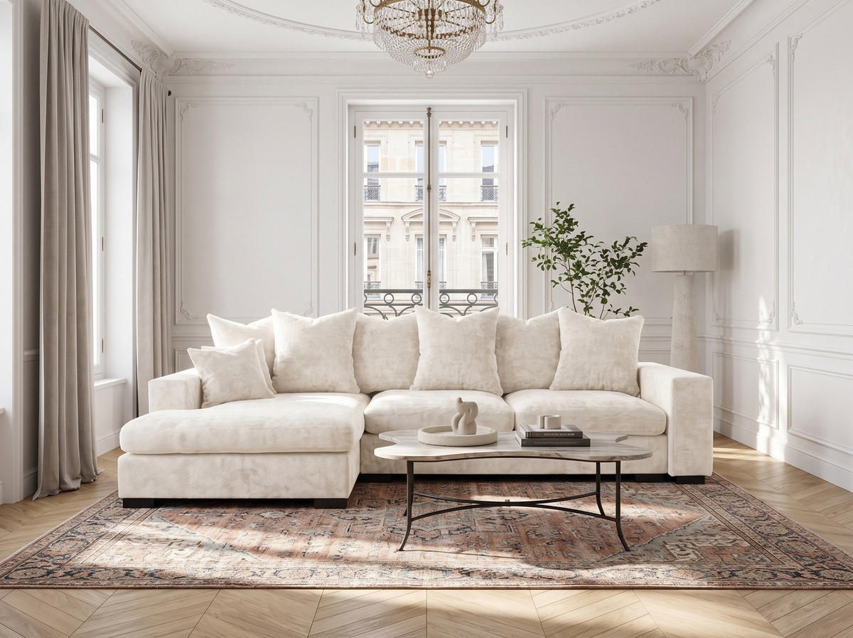 ECKSOFA Dahlia mit Schlaffunktion und Bettkasten in L-Form Links - Creme Chenille 285/92/155 cm - Creme/Schwarz, Kunststoff/Textil (285/155cm) - WFL GROUP