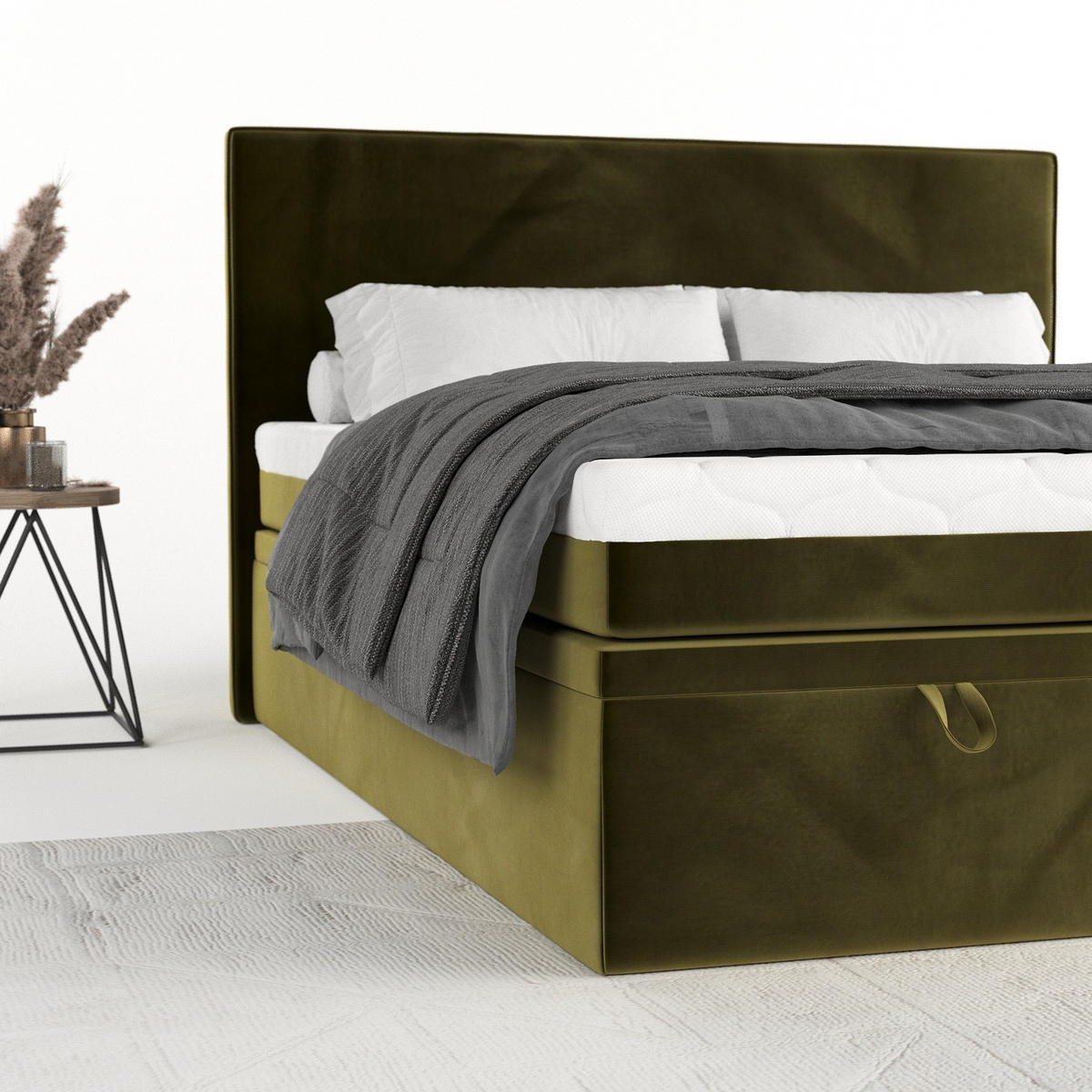 BOXBETT Zalla 140/200 cm Olivgrün im Kronos Stoff - Schwarz/Olivgrün, Holz/Holzwerkstoff (140/200cm) - AltaBeds