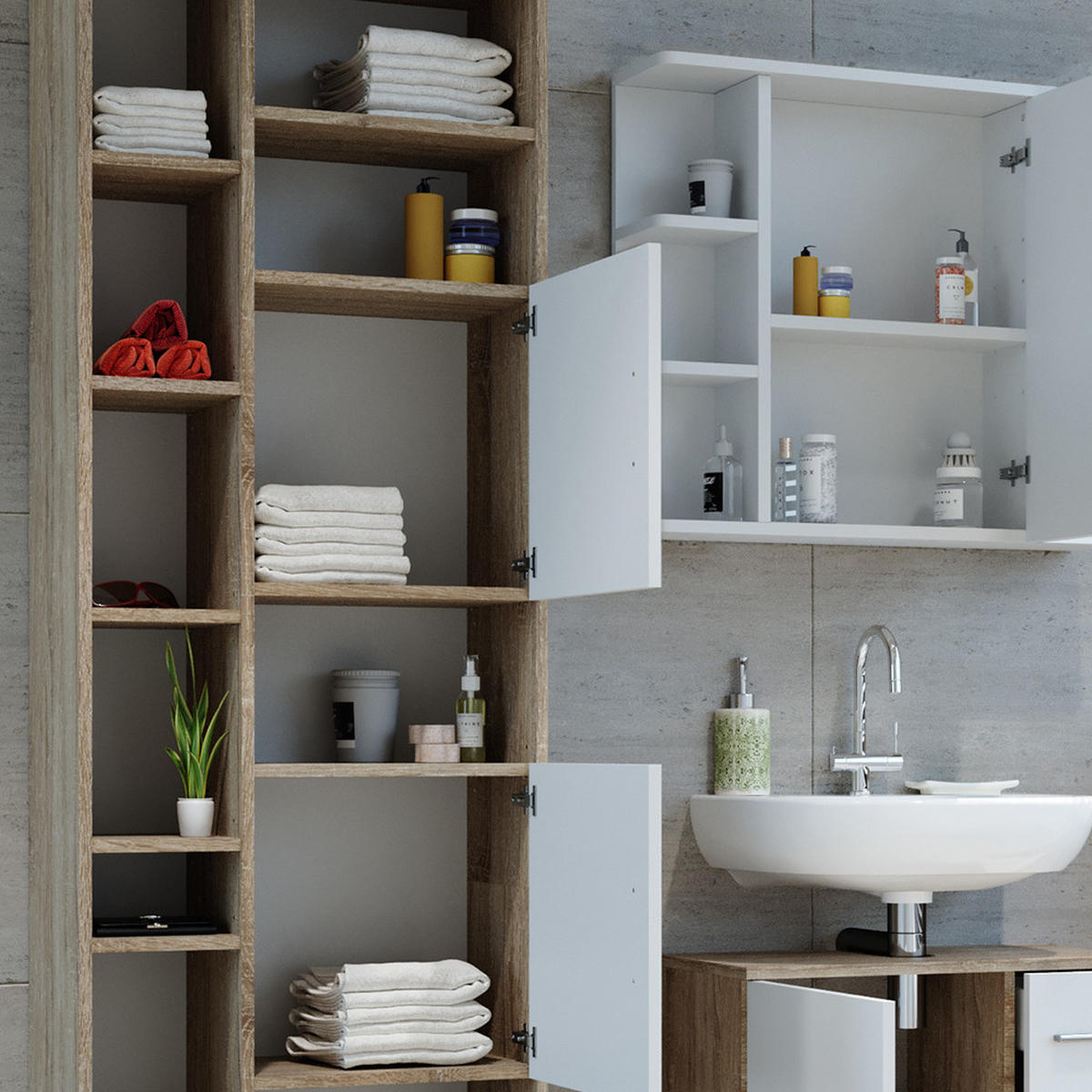 BADSCHRANK Ilias Sonoma 60 x 190 cm - Weiß, Holzwerkstoff (60/190/30cm) - Vicco