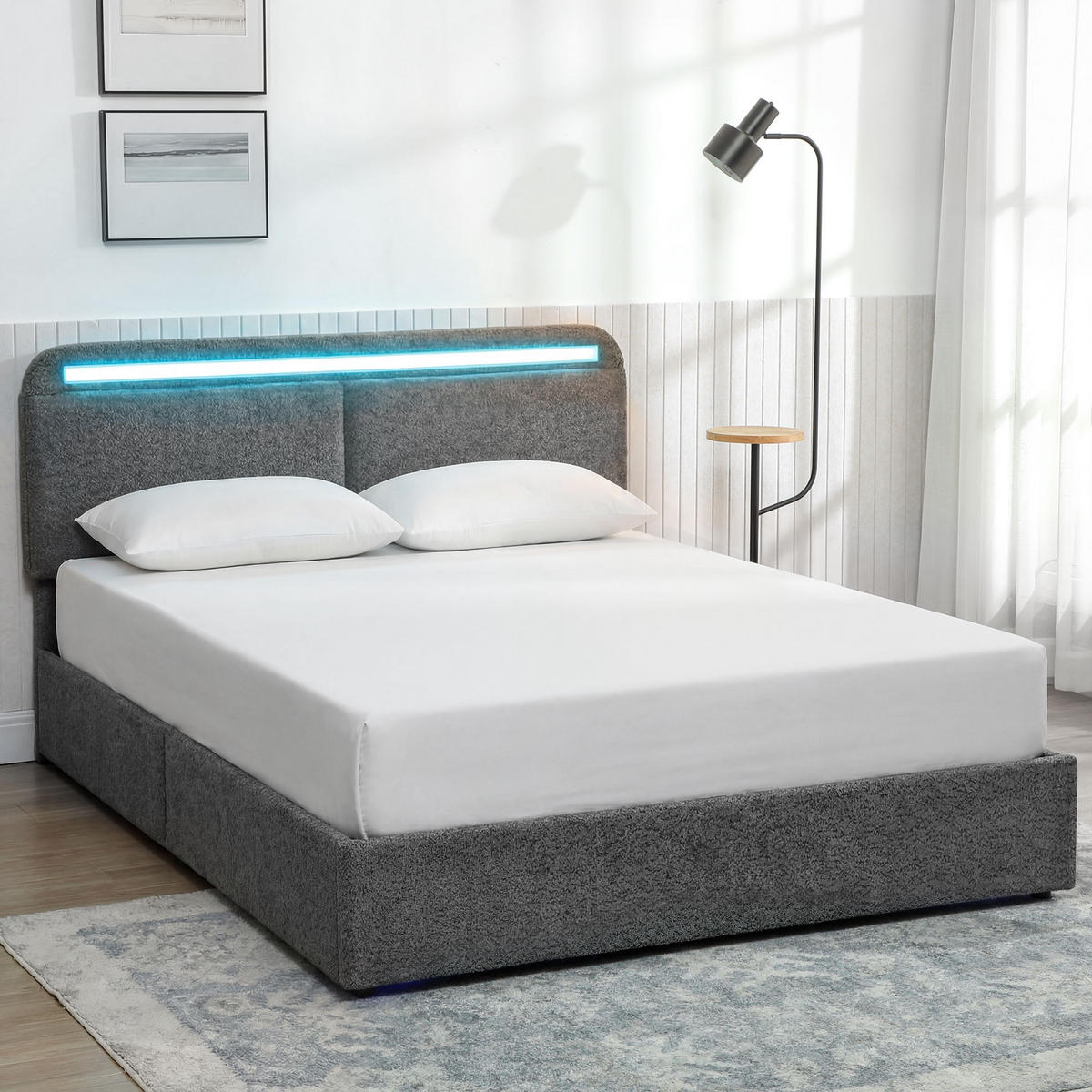 BETT 140x190 cm DE-14653 mit LED-Beleuchtung & verstellbarem Kopfteil Grau - Grau, Textil (140/190cm) - ComfortXL