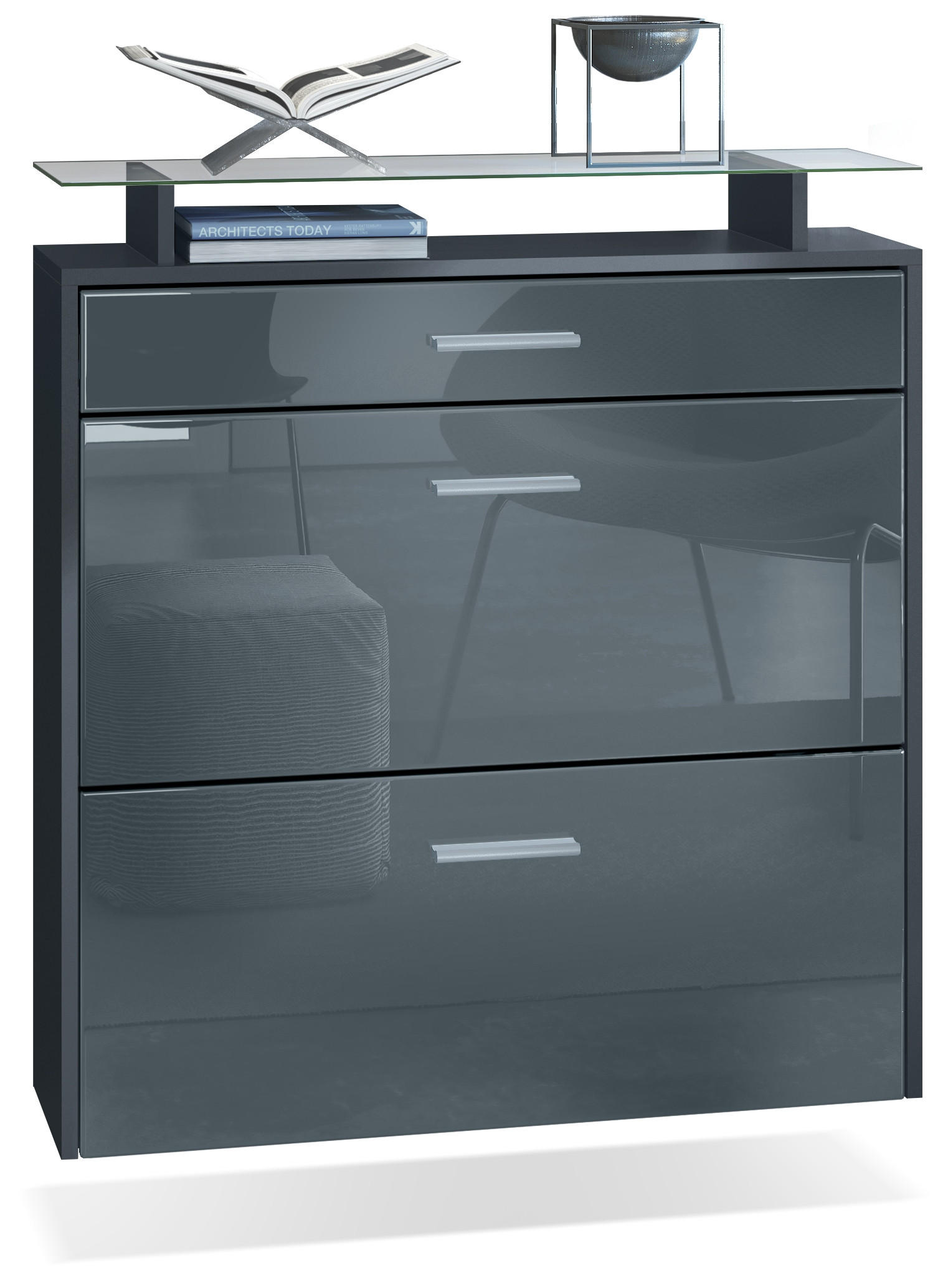 SCHUHSCHRANK Malea Fronten in Grau Hochglanz - Grau, Holzwerkstoff (89/96/23cm) - Vladon