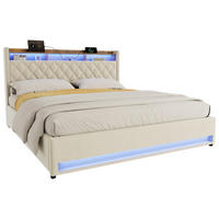 POLSTERBETT 180/200 cm in Beige, Samt, mit Matratze, Bettkasten, USB und LED - Beige, Holzwerkstoff/Textil (180/200cm) - WISHDOR