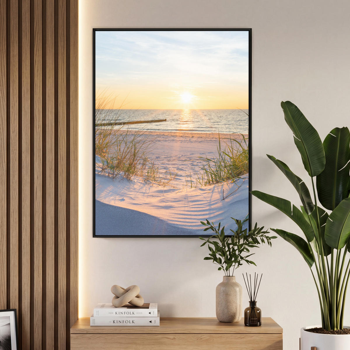 LEINWAND Bilder mit Rahmen - Strand - Sonne - Düne - Gras - Sand - Horizont - 70x100 - Hellblau, Textil (70/100cm) - MuchoWow