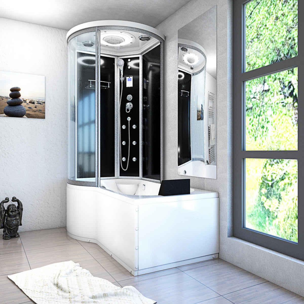 DUSCHKABINE mit Wanne K55-R31-EC Schwarz 100x170 - Schwarz, Glas/Kunststoff (98/170/220cm) - AcquaVapore by Sandra Jentho
