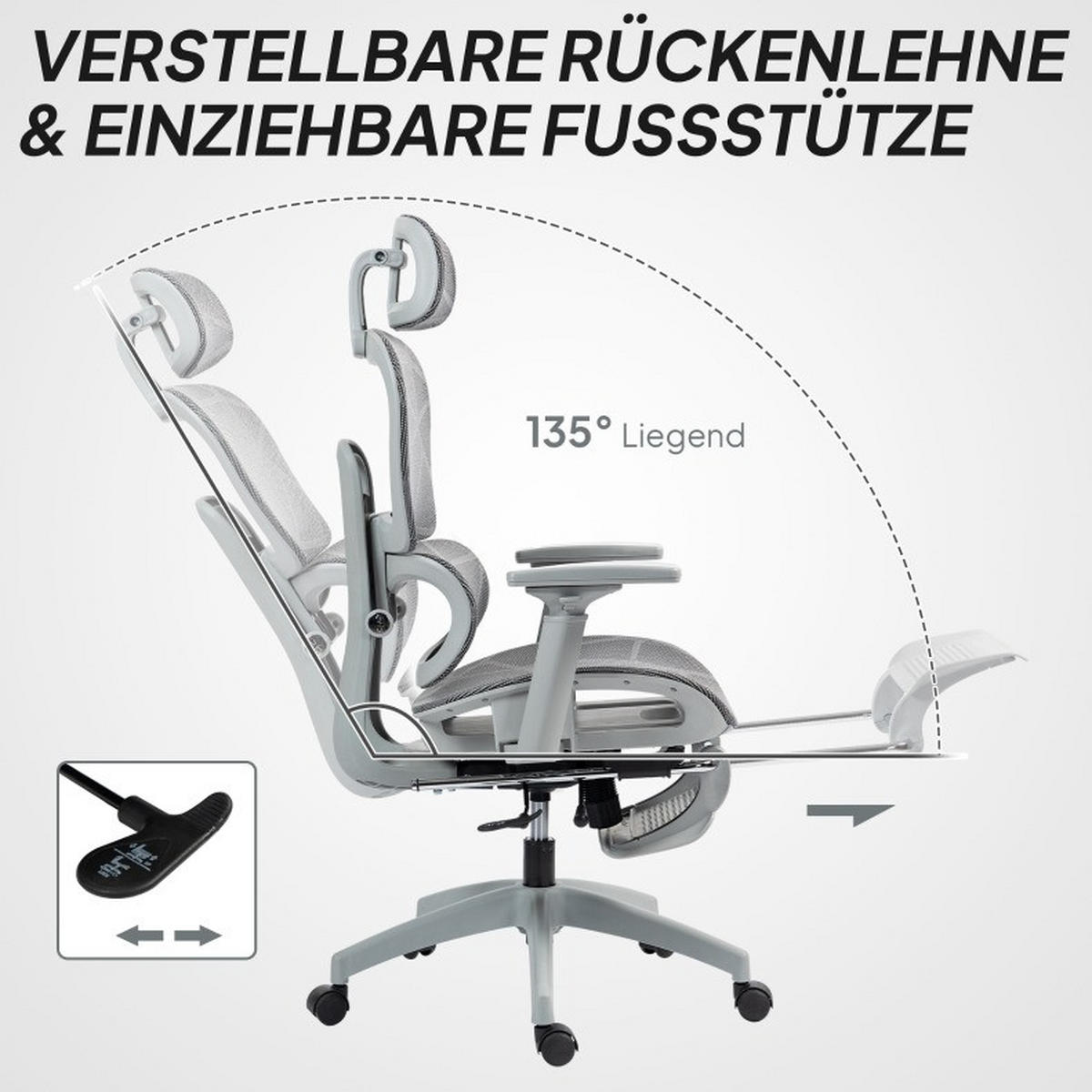 DREHSTUHL 66/64/114-122 cm, ergonomisch verstellbar, neigbar bis 135°, Grau - Grau, Kunststoff (64/122/66cm) - Redom