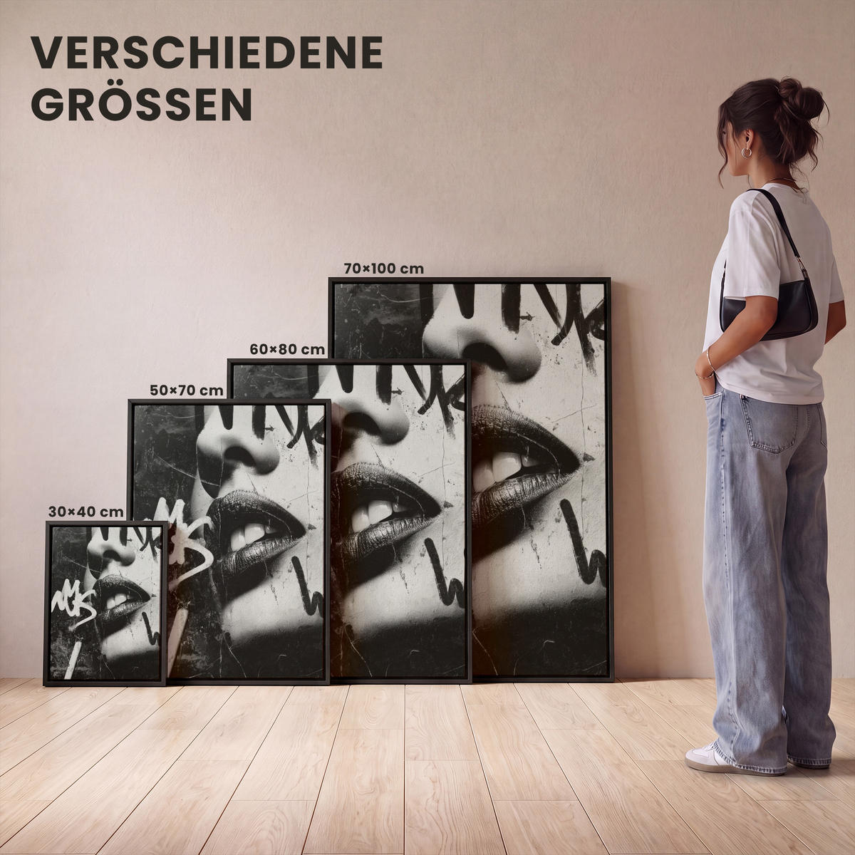 LEINWAND Bilder mit Rahmen - Gesicht - Mund - Graffiti - Schwarz - 70x100 - Schwarz, Textil (70/100cm) - MuchoWow