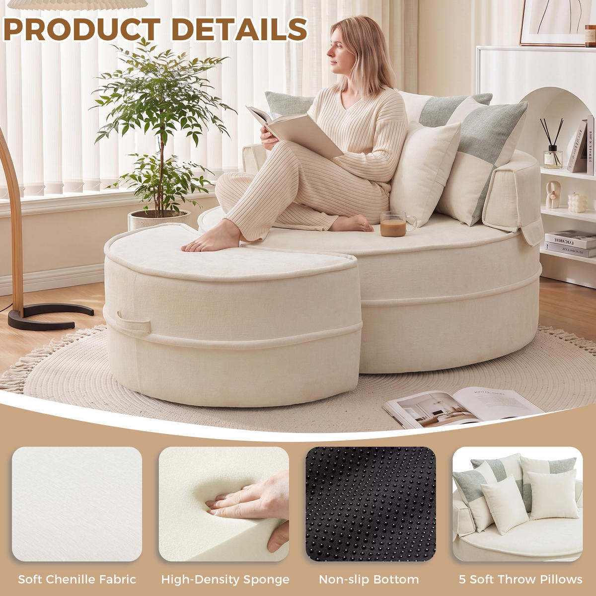 XXL-SESSEL DE-35026 mit Hocker und 5 Kissen Beige - Beige, Textil (121/66/163cm) - ComfortXL