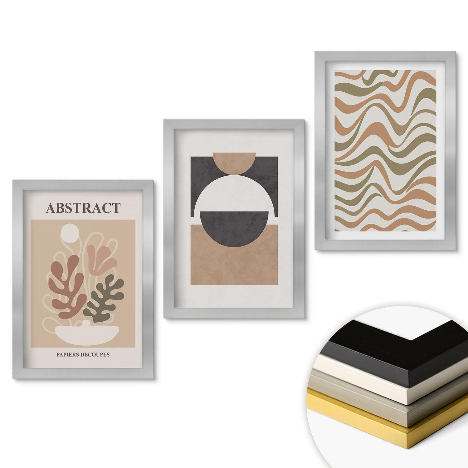 WANDBILDER 3er Set - 20x30 cm Silberner Rahmen - Abstrakte Formenmuster - Silberfarben, Kunststoff (20/30cm) - ArtPrintCave