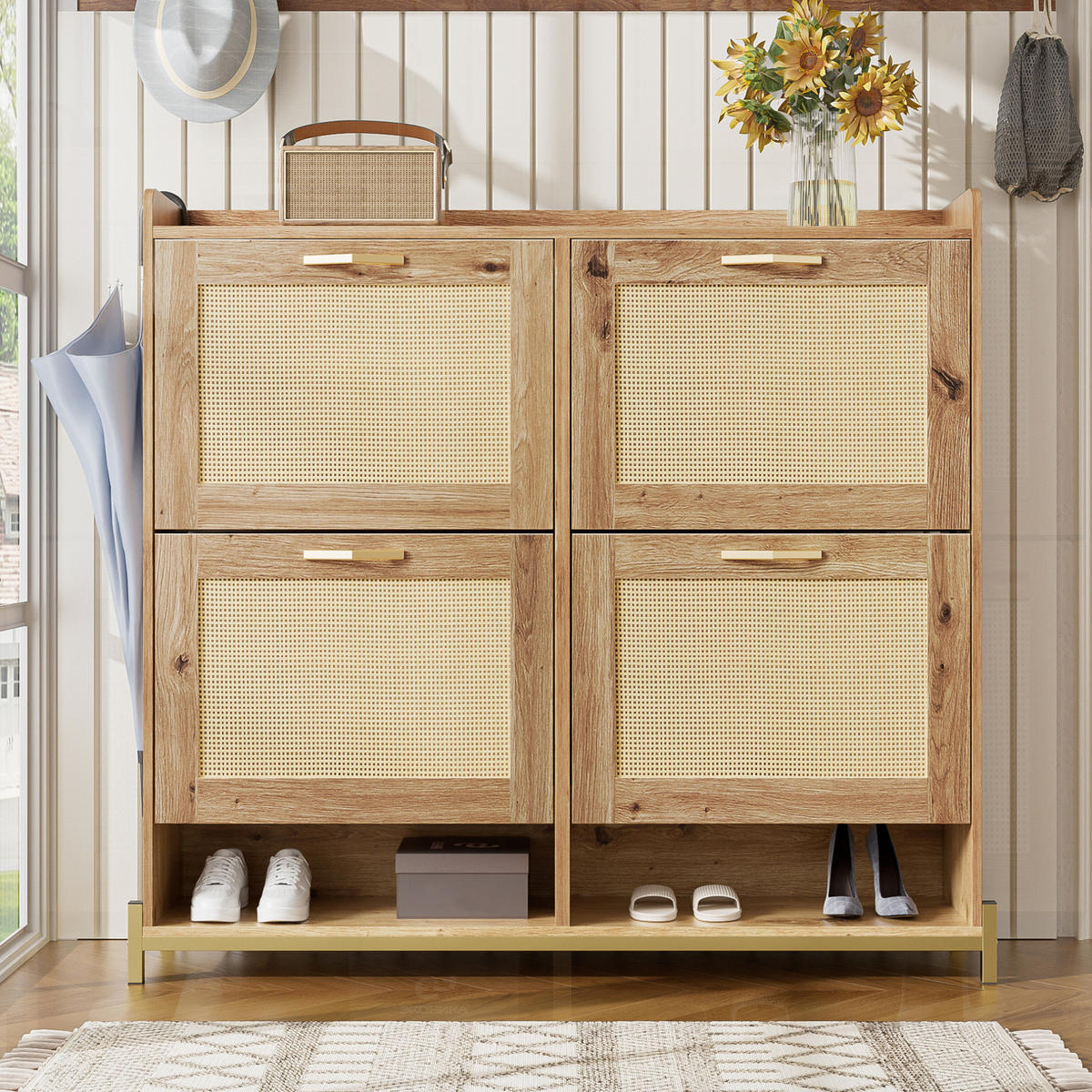 SCHUHSCHRANK 108,5/24/100 cm in Holzfarbe mit Rattanoptik und Metallgestell - Naturfarben, Holzwerkstoff (108.5/100/24cm) - Flora Grace