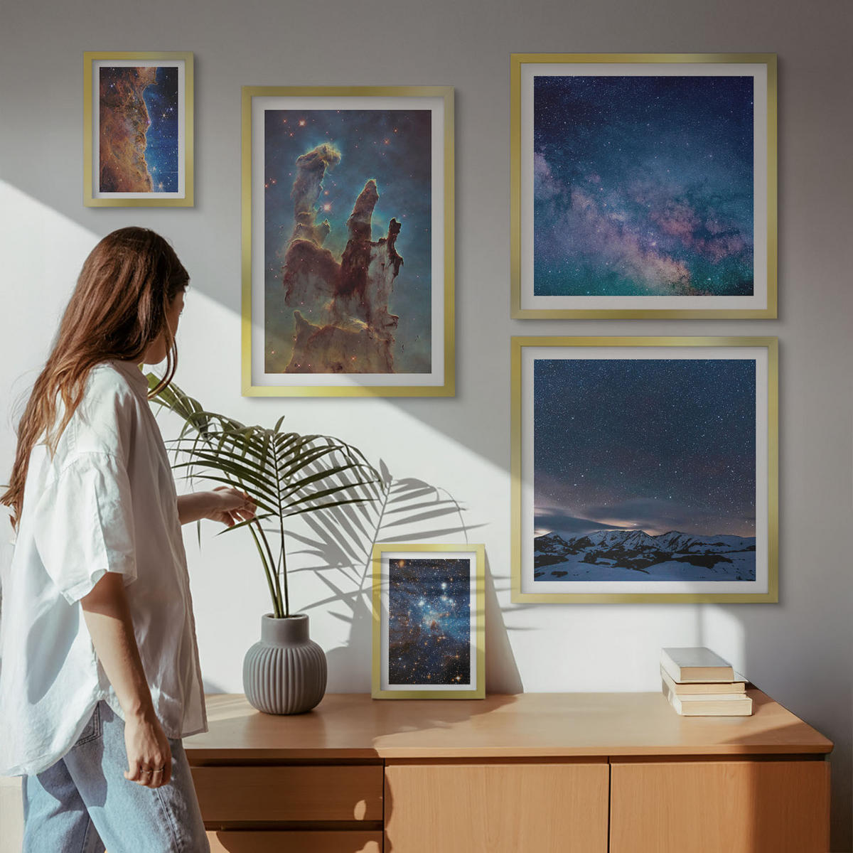 BILDER SET 5er Set - 50x50 cm & 20x30 cm & 40x60 cm Goldrahmen - Weltraumlandschaften von Galaxien - Goldfarben, Kunststoff (40/60cm) - TULUP