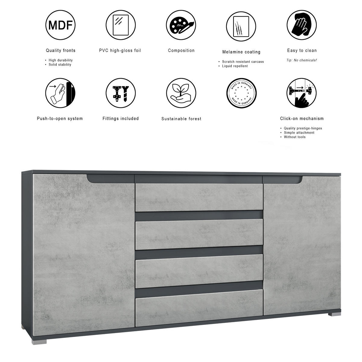 SIDEBOARD Sylt Weiß Hochglanz / Schwarz Hochglanz - Weiß Hochglanz, Holzwerkstoff (166.5/75.5/35cm) - Vladon