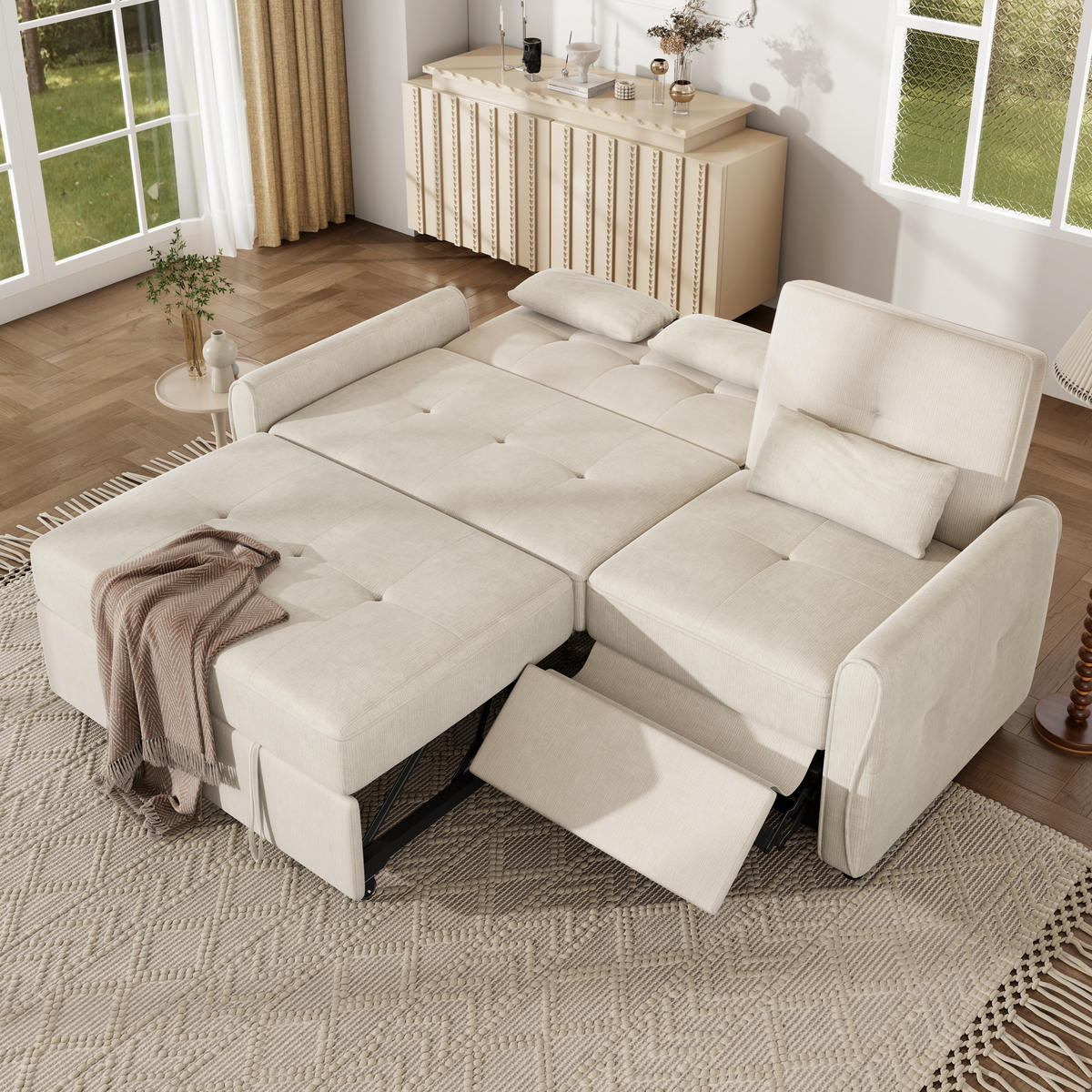 SCHLAFSOFA 3-Sitzer 3-in-1 ausziehbar Chenille, DE-42933, Beige - Beige, Metall (176/83/148cm) - ComfortXL