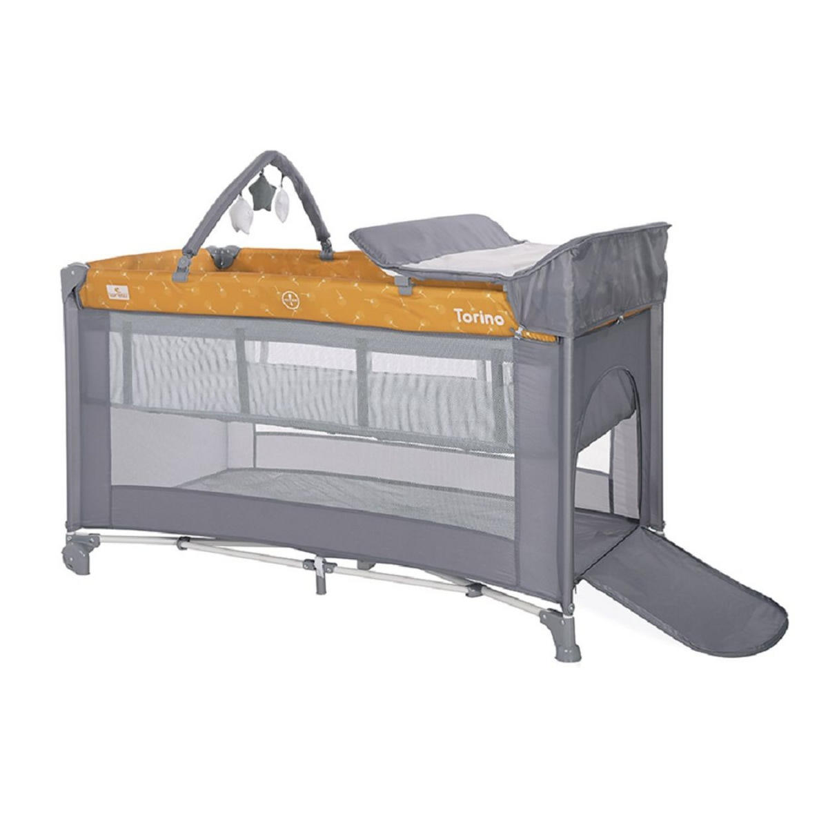 REISEBETT Torino plus 2 gelb Wickelauflage Spielbogen Räder faltbar - Grau, Kunststoff (70/127cm) - Lorelli