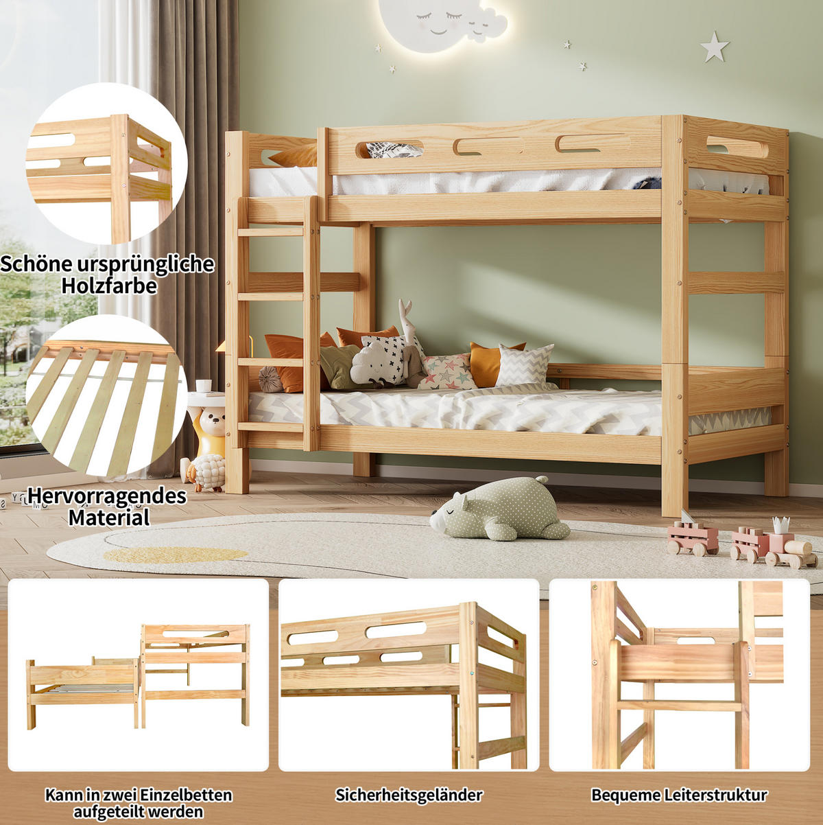 ETAGENBETT 90/200 cm Natur Kiefernholz mit Trennungsmöglichkeit - Naturfarben, Holz (90/200cm) - OKWISH