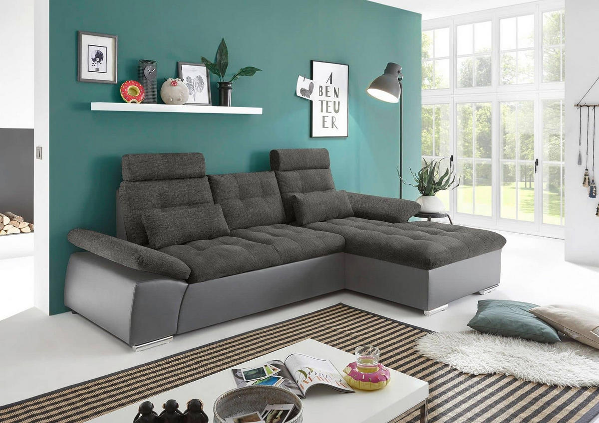 ECKSOFA mit Schlaffunktion und verstellbaren Armlehnen - Chromfarben/Dunkelgrau, Kunststoff/Textil (170/268cm) - ed exciting design