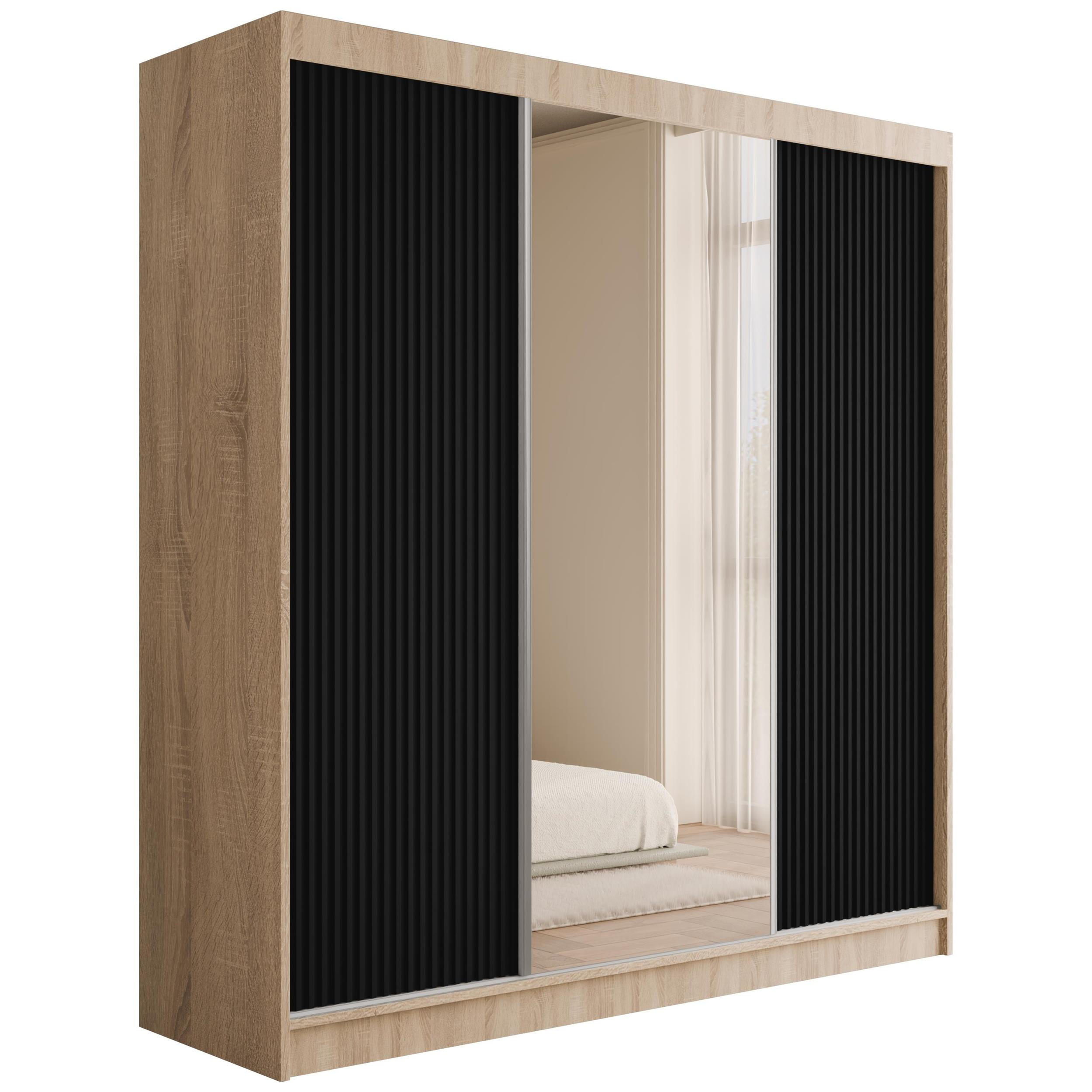 KLEIDERSCHRANK mit Spiegel V2-PRESTIG 215x200 cm - Sonoma Eiche|Schwarz - Schwarz/Sonoma Eiche, Holzwerkstoff (200/215/61cm) - ALTDECOR