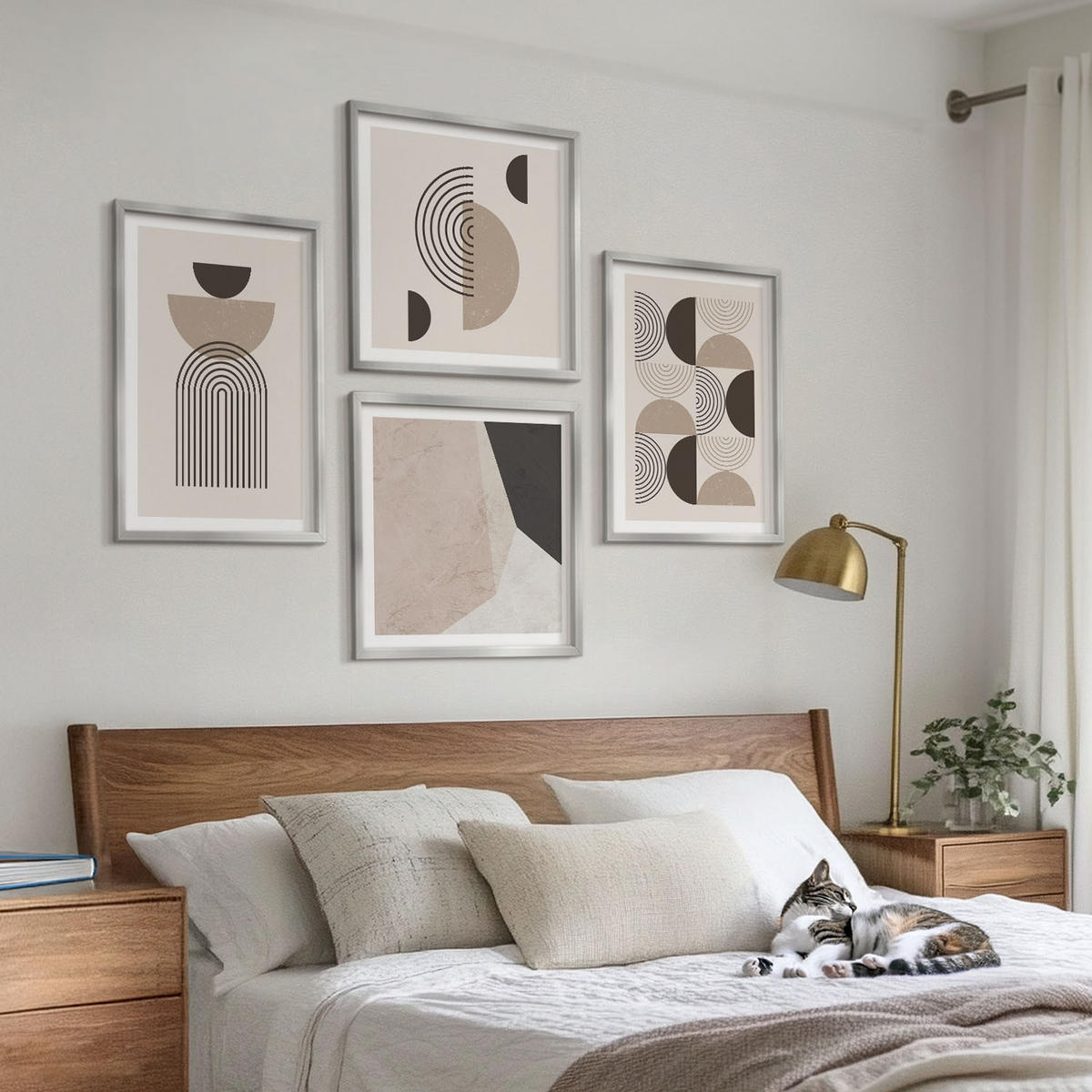 WANDBILDER 4er Set - 50x50 cm & 40x60 cm Silberner Rahmen - Abstrakte geometrische Muster - Silberfarben, Kunststoff (50/50cm) - ArtPrintCave