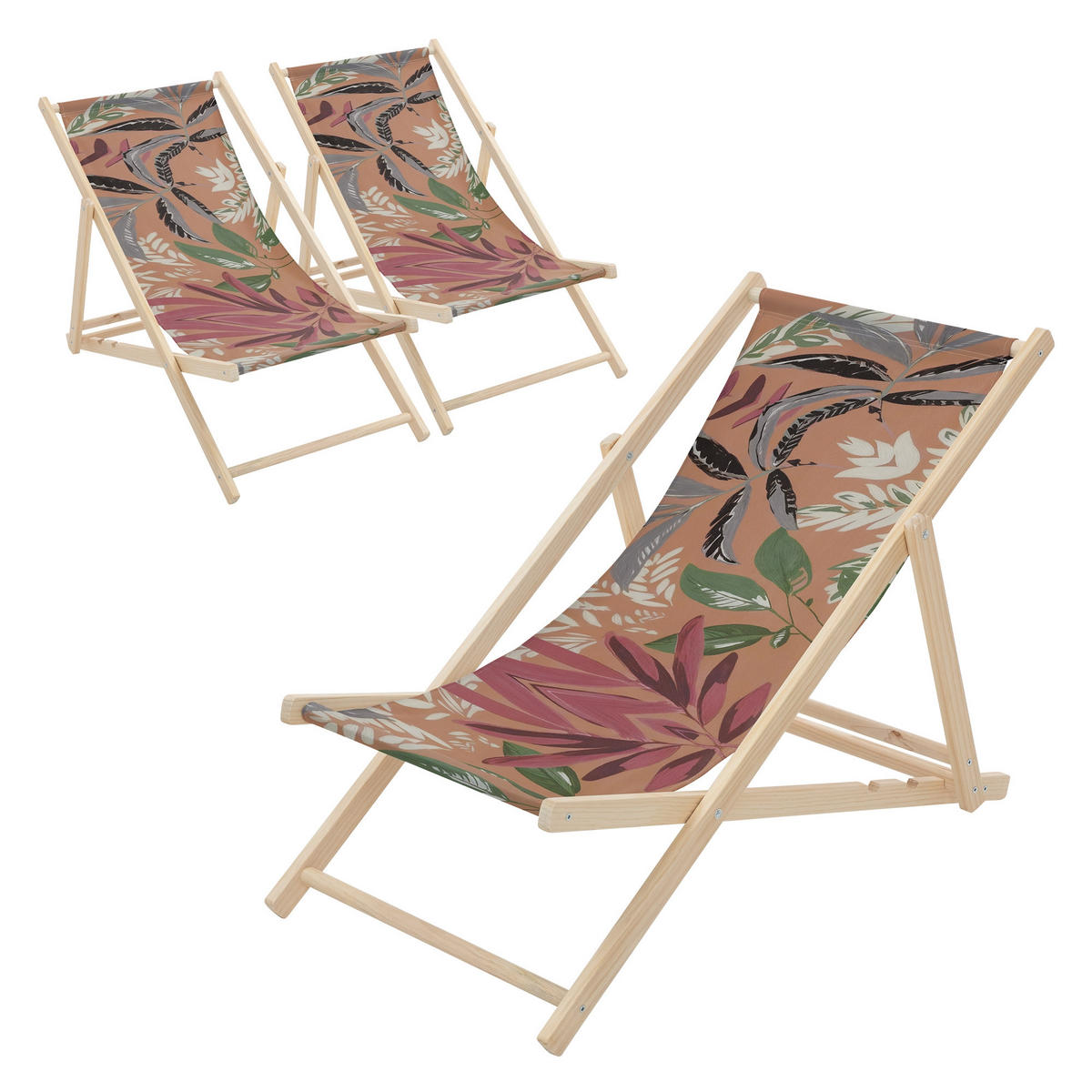 LIEGESTUHL 3er Set Floral Braun-Rot-Grün - Braun, Holz (57.5/83/100cm) - ECD-Germany