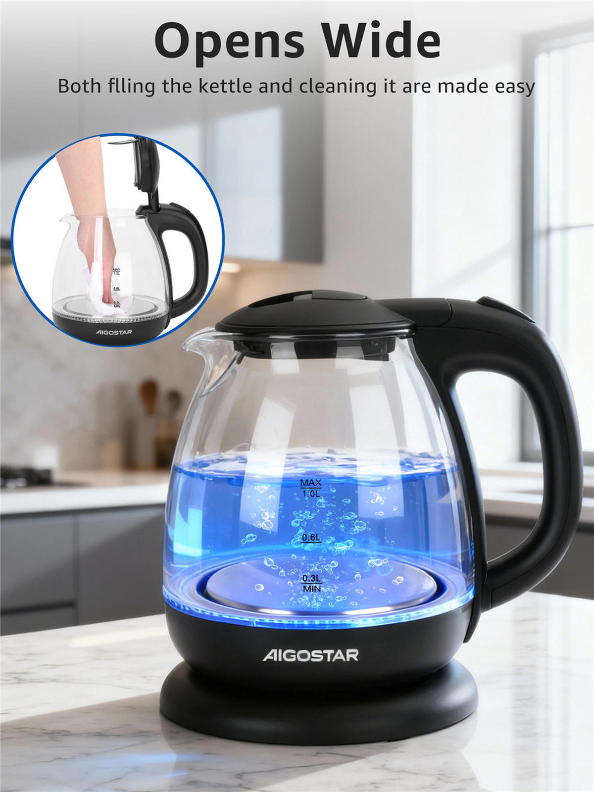 WASSERKOCHER Glas Mini 1L 2200W LED BPA-frei Schwarz - Schwarz, Glas (21.5/22.1/17.5cm) - Kaket