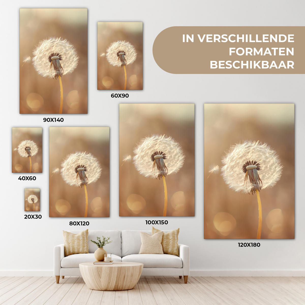 LEINWANDBILD Löwenzahn - Beige - Natur - Blume Deko Wohnzimmer 20x30 cm - Hellbraun, Textil (20/30cm) - MuchoWow